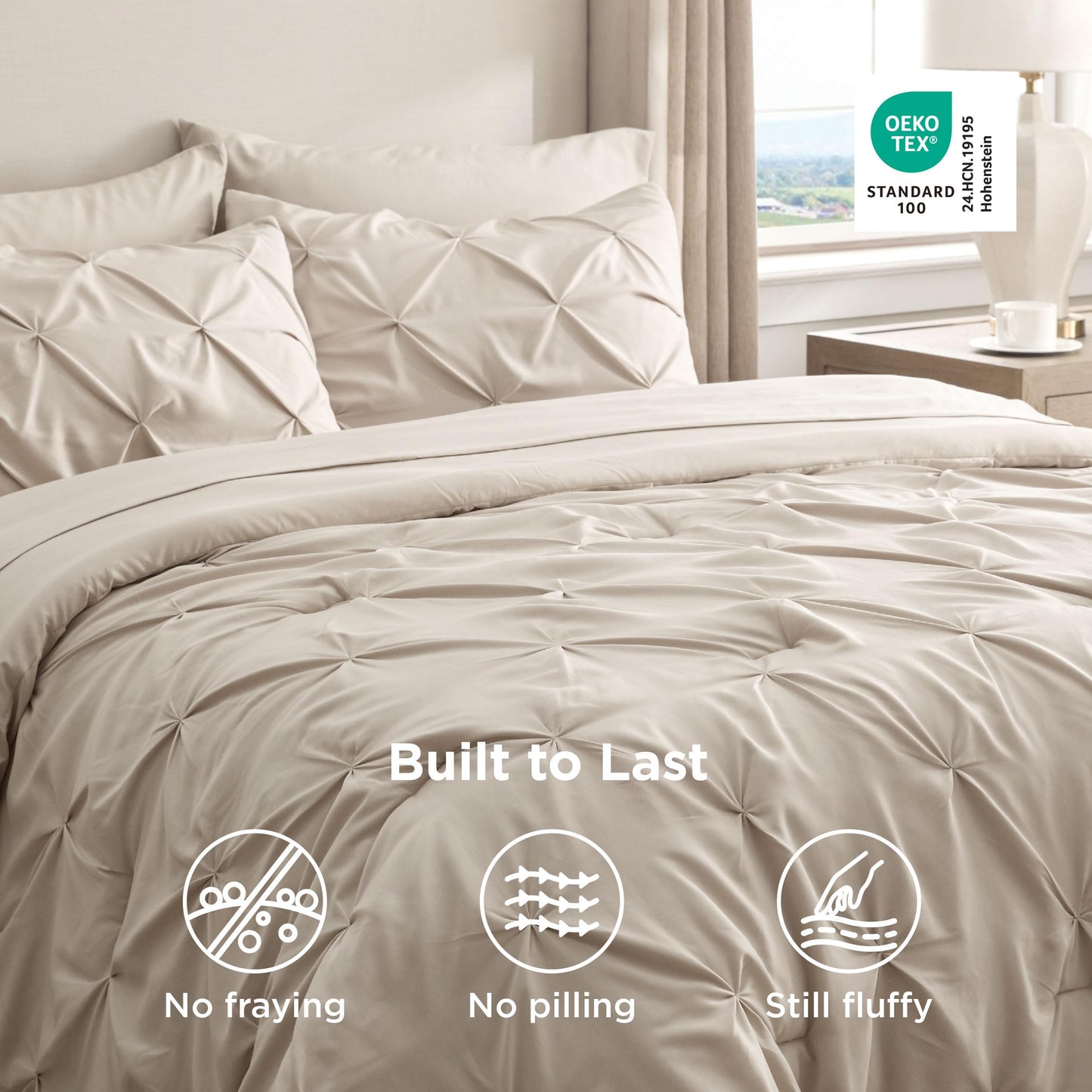 Bedsure Queen Comforter Set Beige - 7 Pieces Bed in a Bag Queen Size, GentleSoft™ Pintuck Bed Set Gift for Family, Pinch Pleat All Season Comforter with Sheets, Pillowcases & Shams