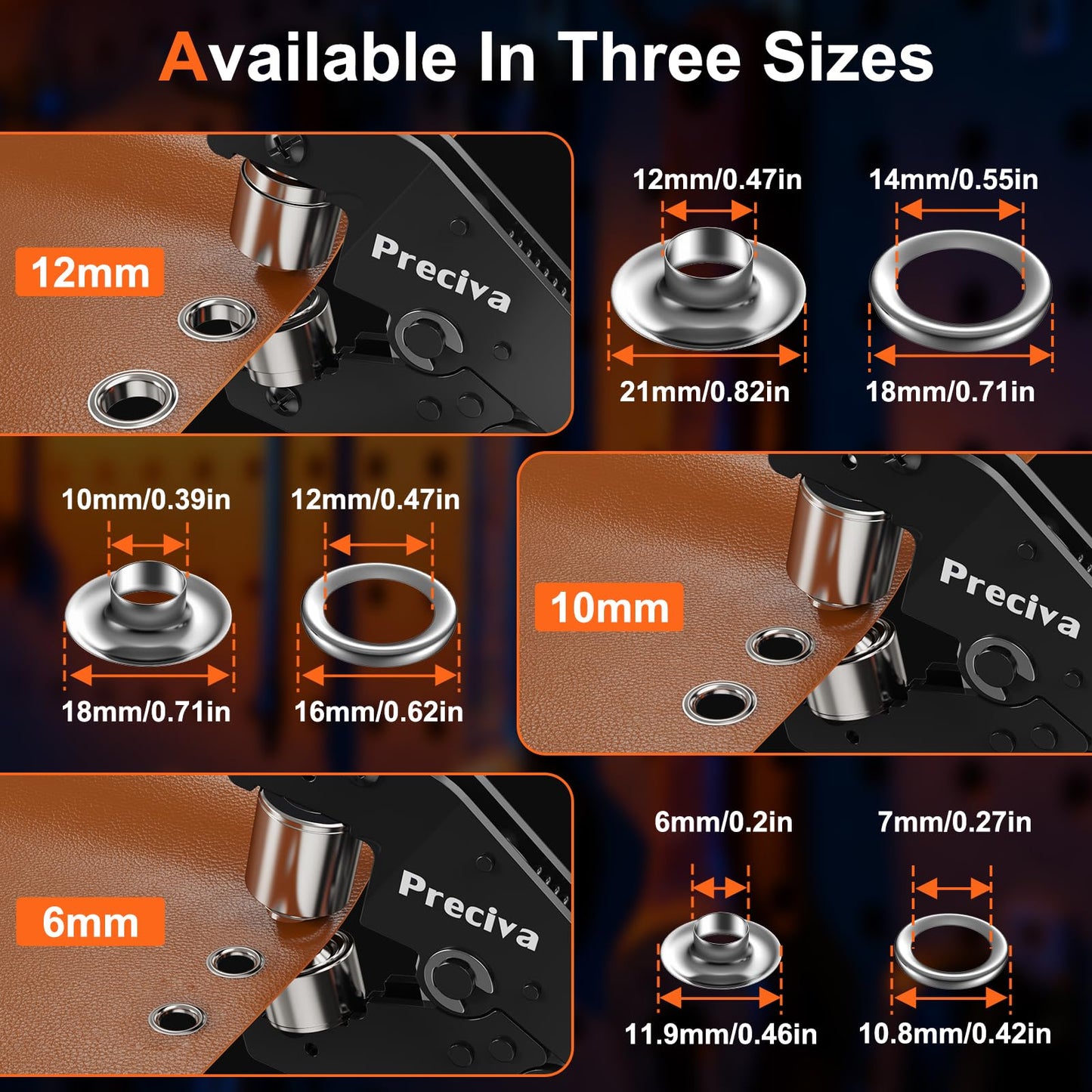 Preciva 3-Size Grommet Tool Kit - 6mm 10mm 12mm Hole Punch & Eyelet Setting Tool with 300Pcs Grommets | Handheld Eyelet Plier for Tarps, Tents, Canvas, Vinyl & Leather Crafting