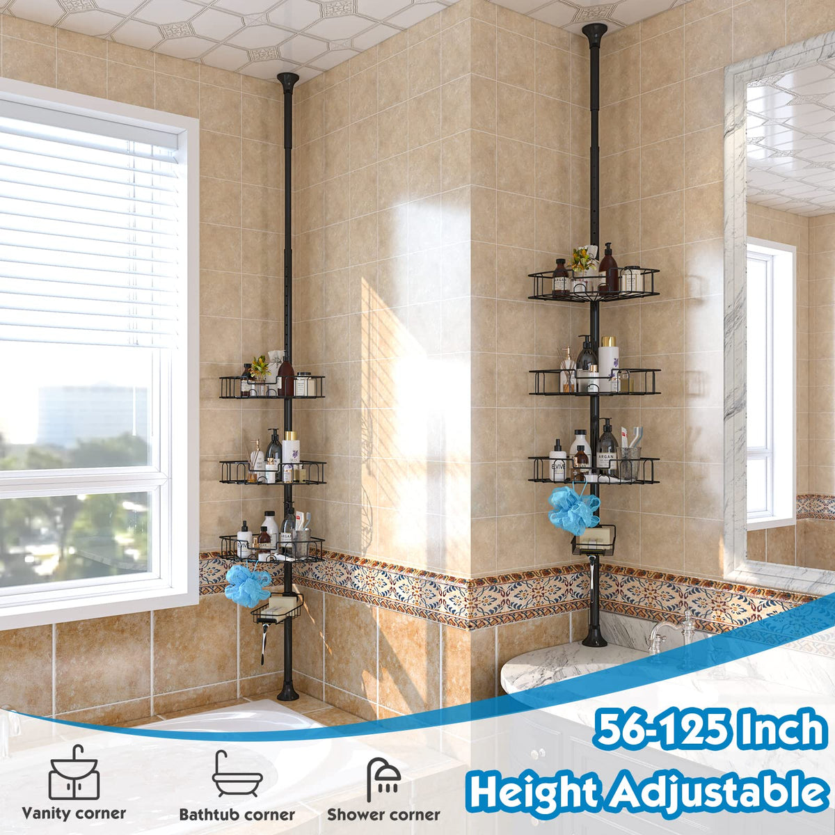 Tension Shower Caddy, Rustproof Corner Shower Caddy Stand Storage Organizer with Tension Pole for Bathroom Bathtub Shampoo Soap Plants, 4 Tier Adjustable Shelves, 54 to 125 Inch