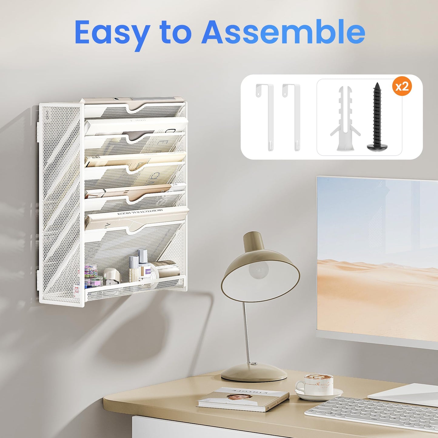 SUBEKYU 6-Tier A4 Wall Mounted File Organiser, Magazine File Holder for Mails Folders Papers, Vertical Document Organiser for Office Home, Metal Mesh - White