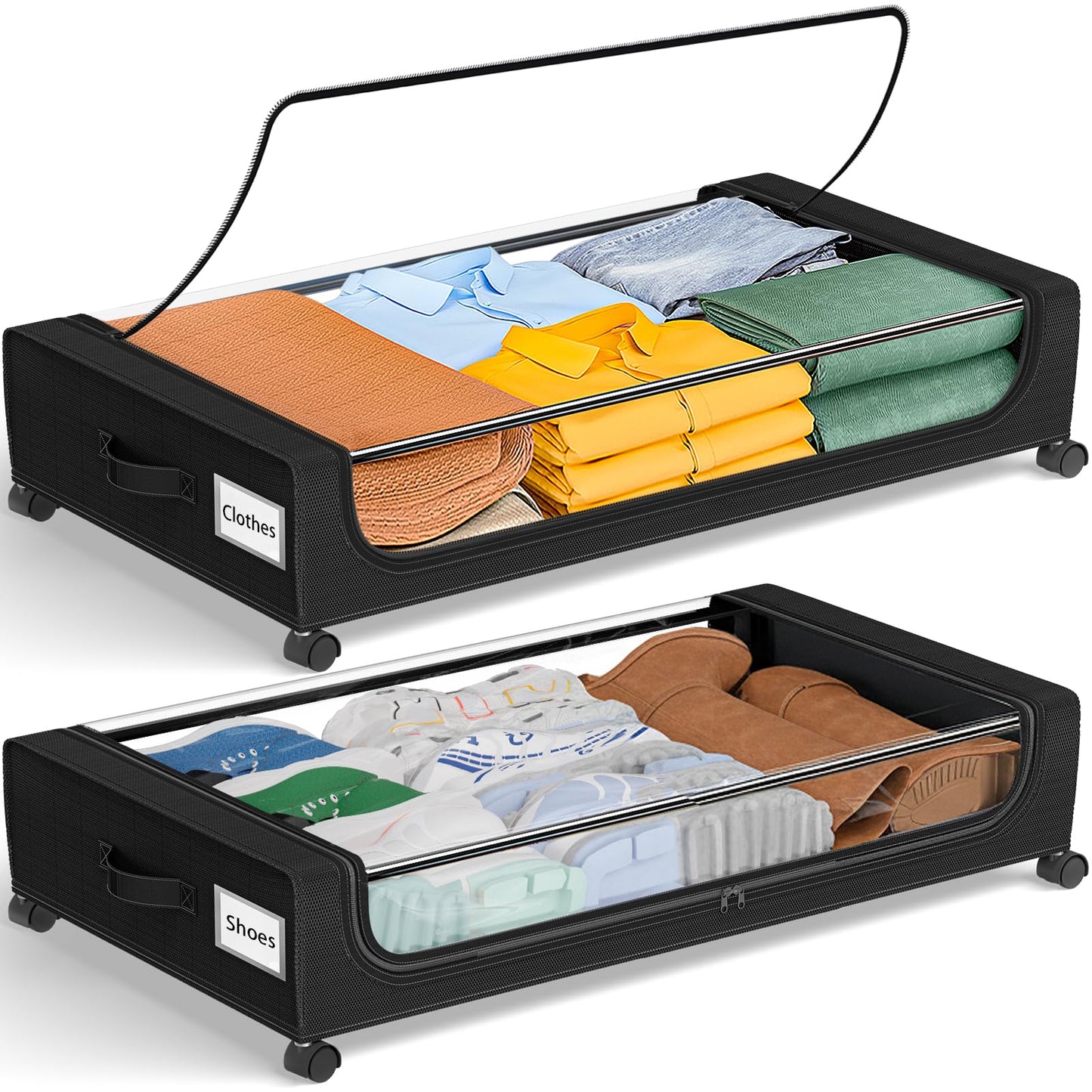 GoMaihe Under Bed Storage with Wheels: 48L Underbed Storage Bins with Lids - Rolling Rangement Vetement sous le Lit - Containers for Clothes Shoes in Bedroom - Easy Pull-out Black 2-Pack