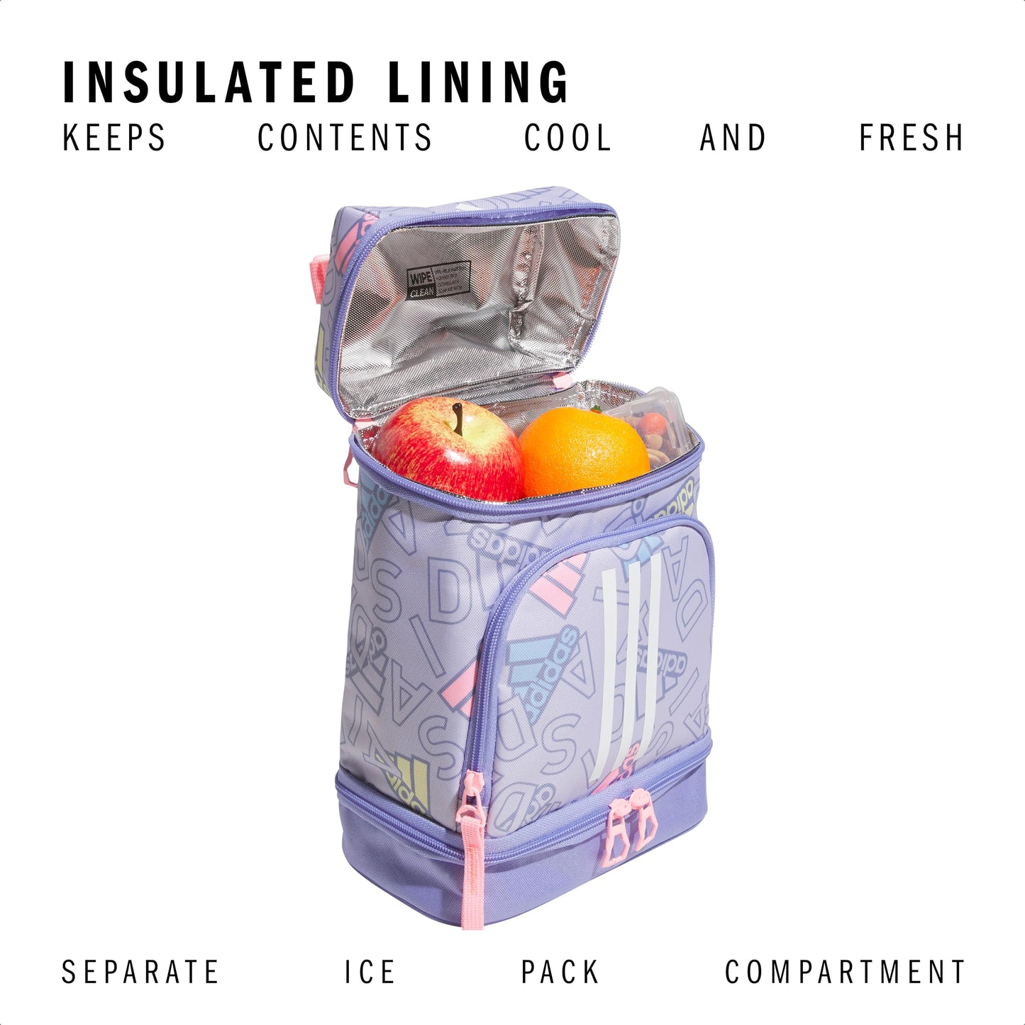 adidas Excel Insulated Lunch Bags, Lunch Cooler with Zipper, Pocket for Ice Pack, and Clip, Temperature Control Insulation, Adi Comp Silver Violet/Light Purple/Pink Spark, One Size, Excel Insulated