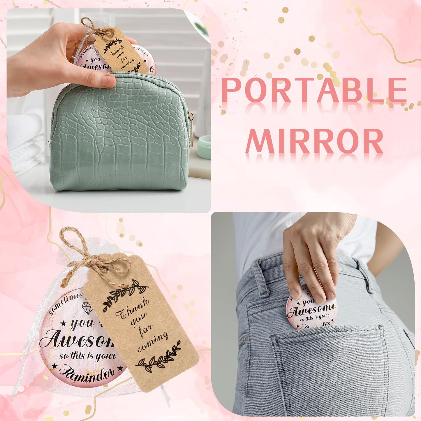Tradder 100 Sets 2.76 Inch Inspirational Compact Mirrors Bulk Small Purse Pocket Makeup Pink Mirrors Quinceanera Party Gifts Employee Appreciation Gifts Set for Women Coworker (Awesome)