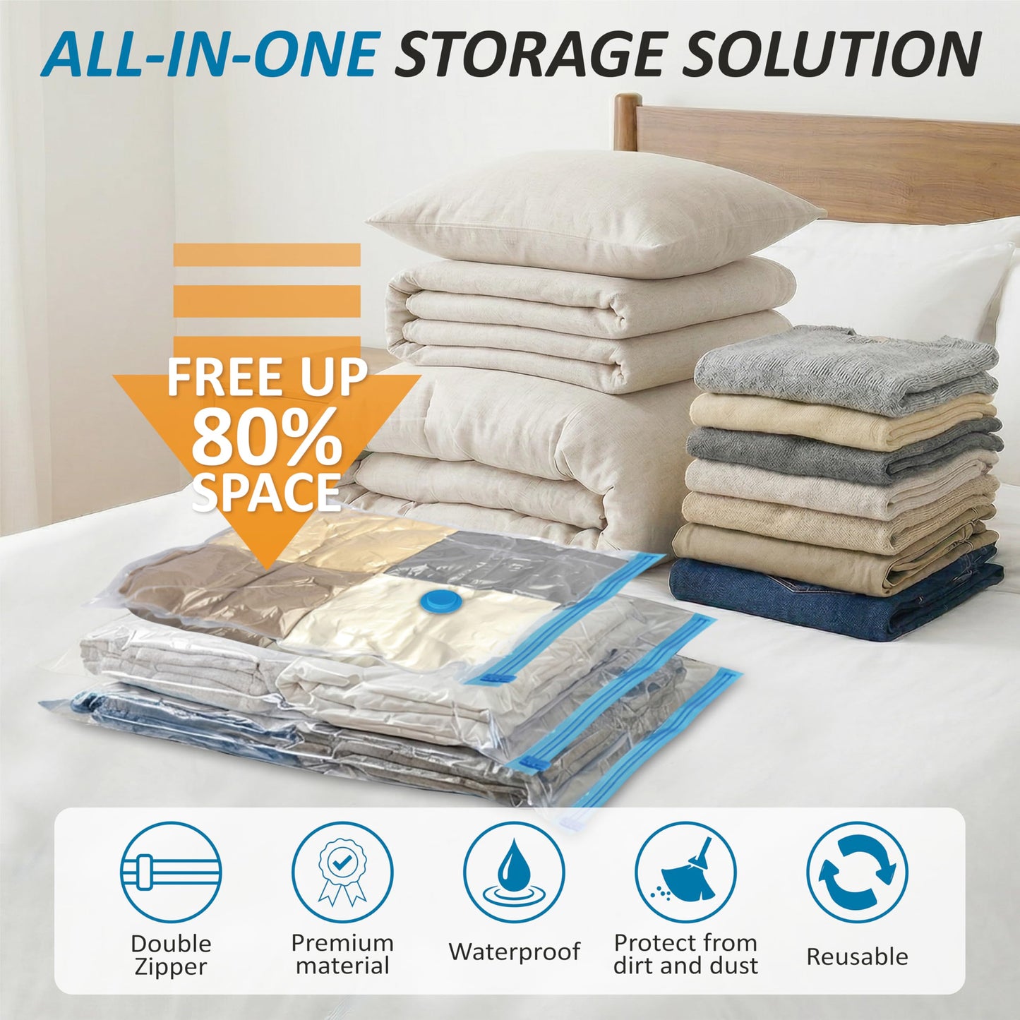 20 Pack Vacuum Storage Bags, Space Saver Bags (4 Jumbo/4 Large/4 Medium/4 Small/4 Roll) Compression Storage Bags for Comforters and Blankets, Vacuum Sealer Bags for Clothes Storage, Hand Pump Included