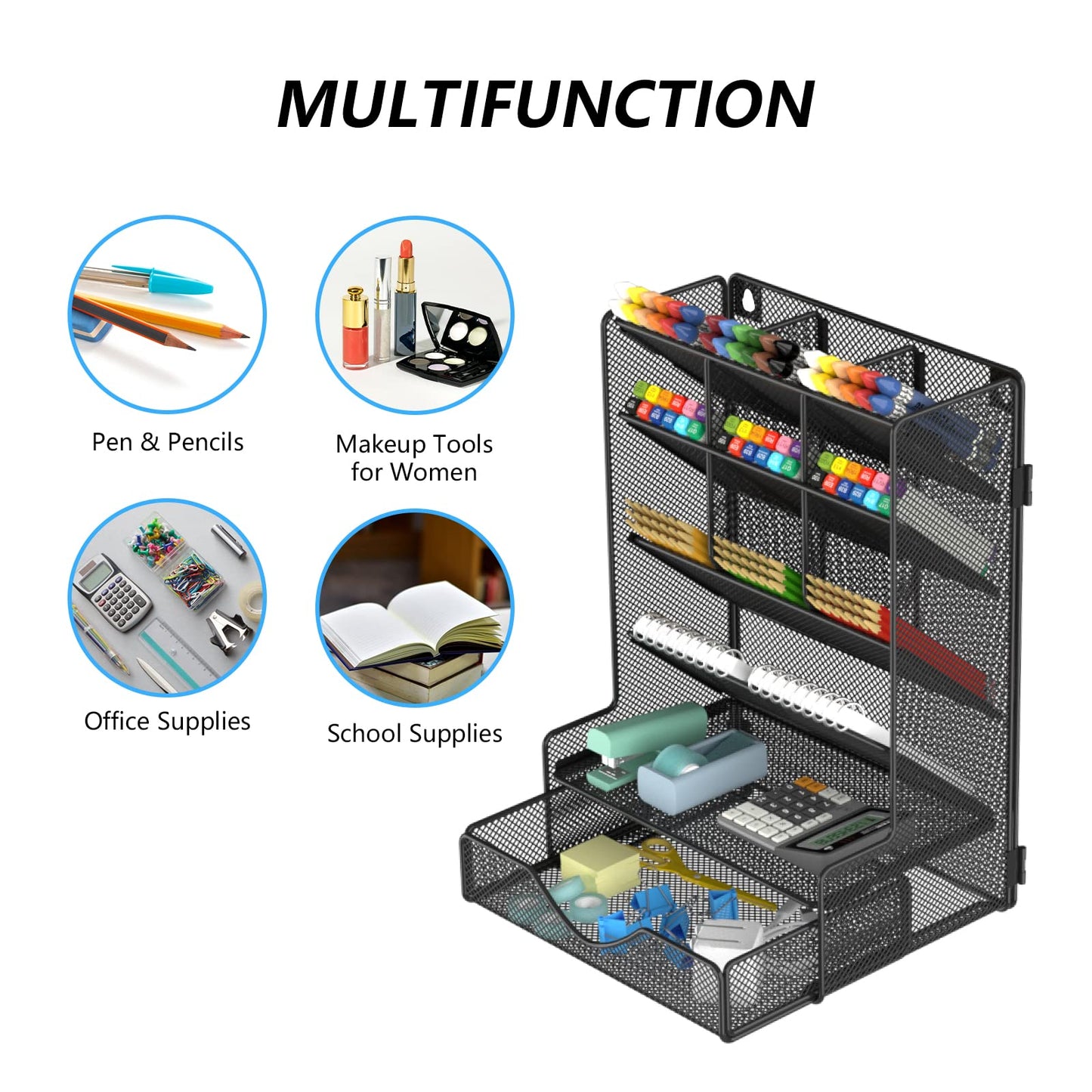 BOHDK Pen Organizer for Desk, Multi-Functional Desk Organizer, Hanging Wall Pen Holder with Drawer for School, Office, Home, Art Supplies, Black