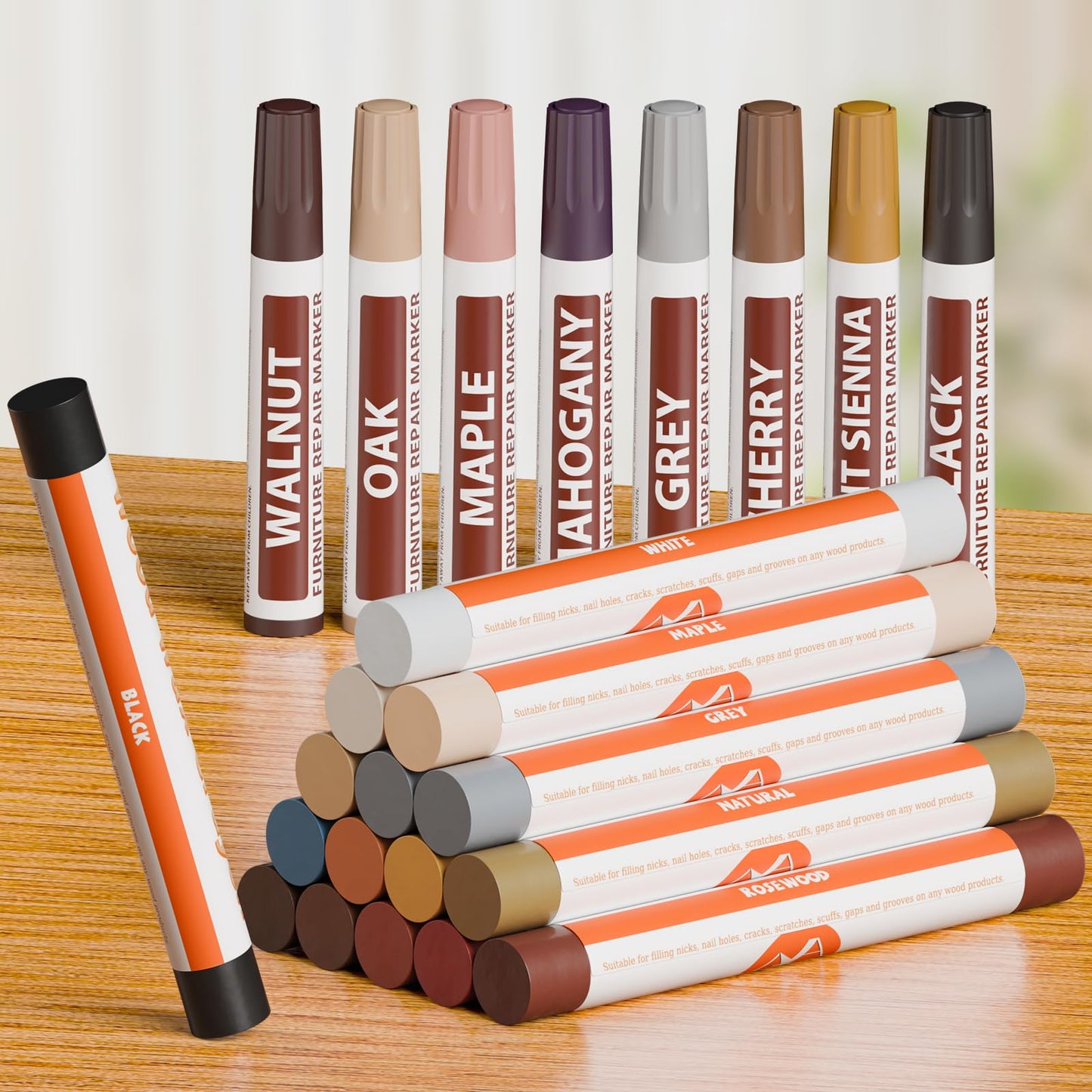 24Pcs Wood Filler Sticks, Furniture Scratch Wood Repair Markers, Wax Crayons Putty Sticks and Furniture Touch up Markers Kit for Scratches, Stains, Scuffs, Nail Holes, Floors, Cabinets, Tables
