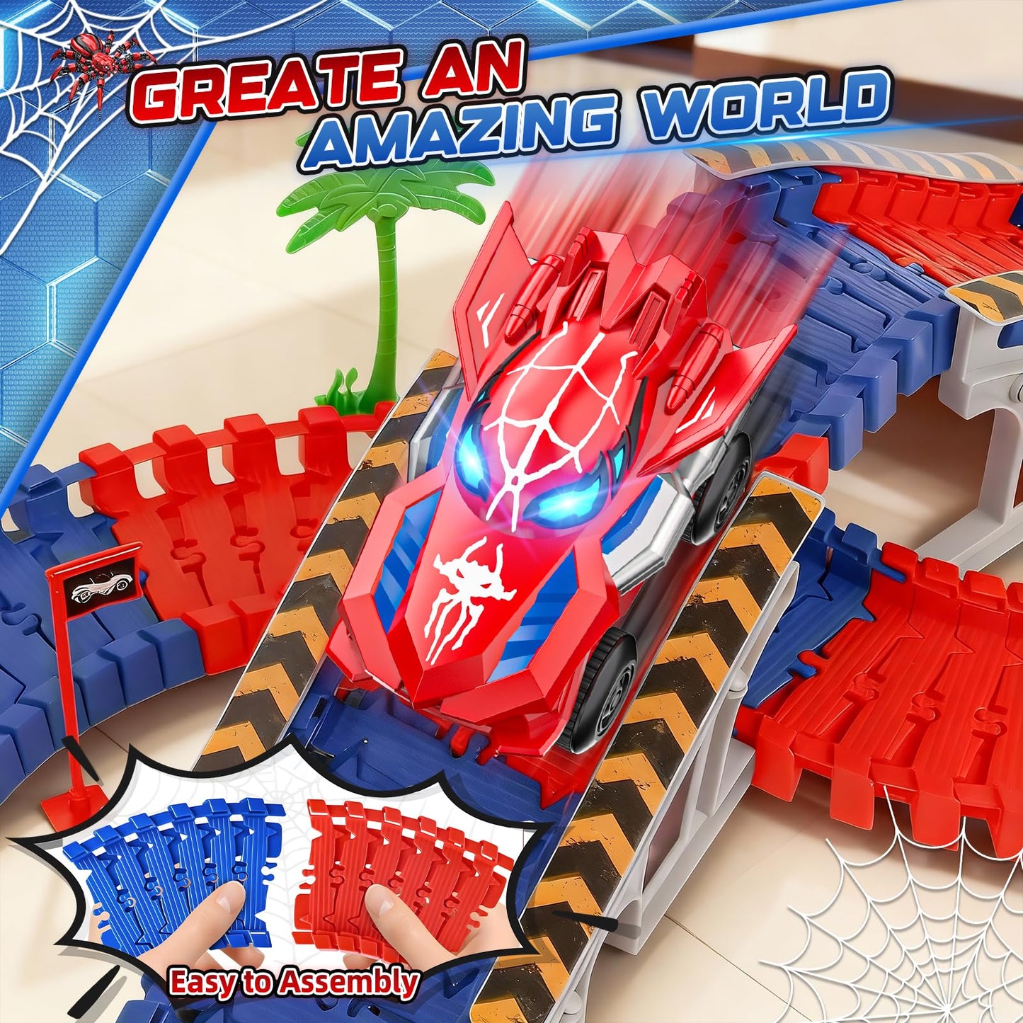 Spider Race Track Toys for Boys 4-6 - Monster Truck Toys for 3 4 5 6 7 8 Year Old Boys Girls, Toddler Tracks Playset with 2 Electric Spider Cars, Kids Christmas Birthday Gifts Age 3-4 3-5 6-8 (212PCS)