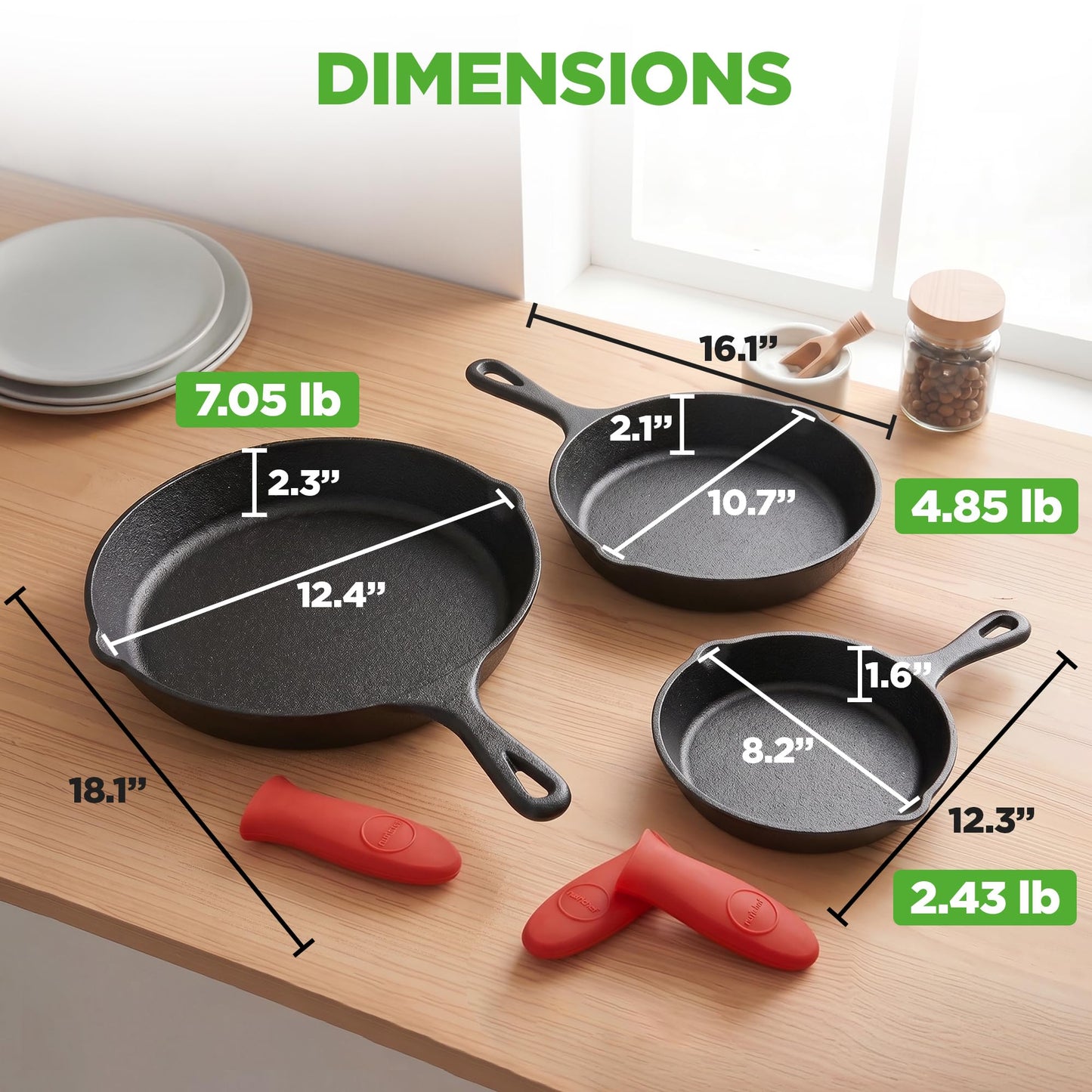 NutriChef 3pc Cast Iron Skillet Set - Nonstick Pans with Drip Spout, Silicone Handles, for All Cooktops