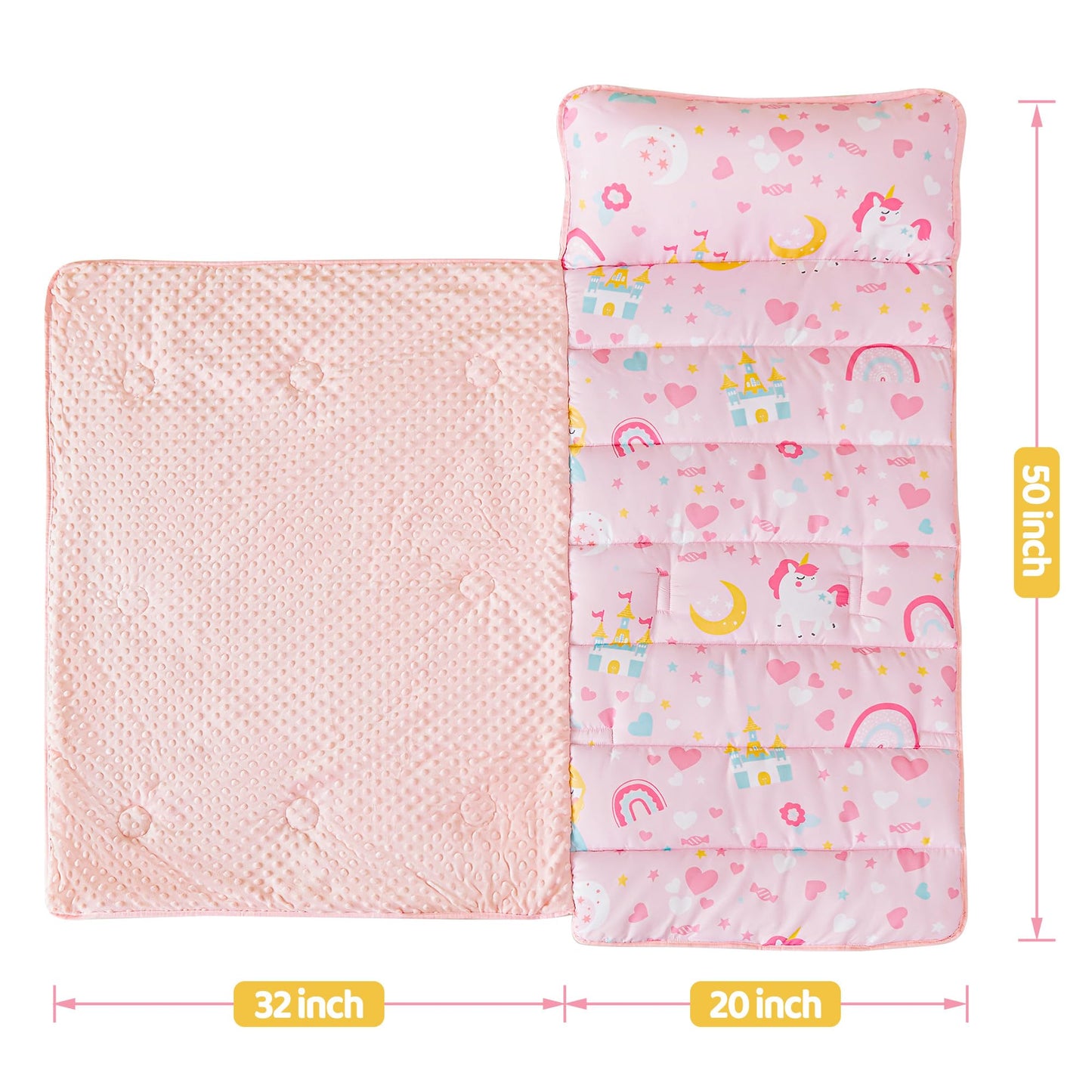 Viviland Toddler Kids Nap Mat for Preschool, Girls Pink Princess Daycare Kindergarten Nap Mat