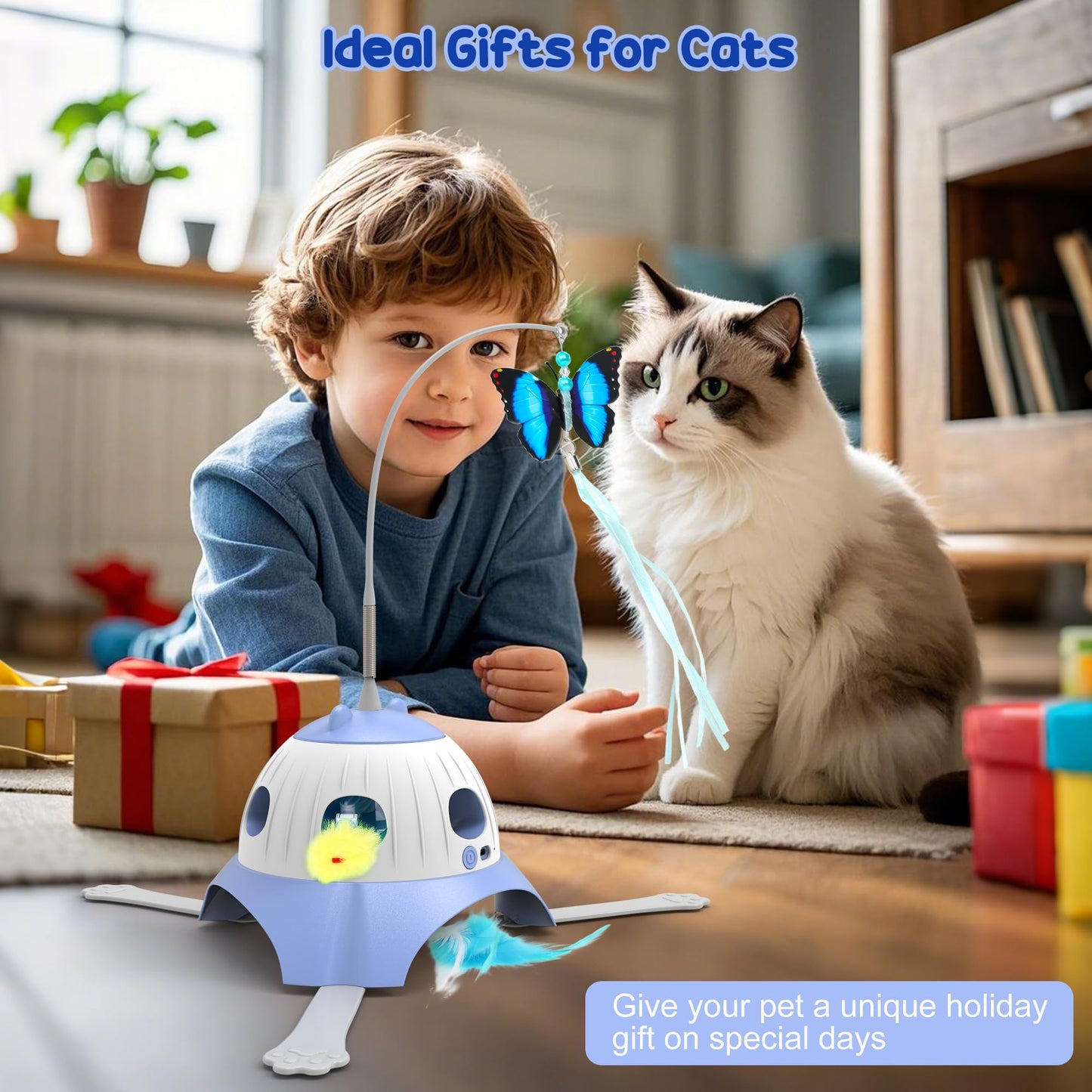 Cat Toys for Indoor Cats, 3 in 1 Interactive Cat Toy for Kitten, Motion Activate Automatic Cat Toys, Cat Hunting Game & Rotating Feathers, USB Rechargeable
