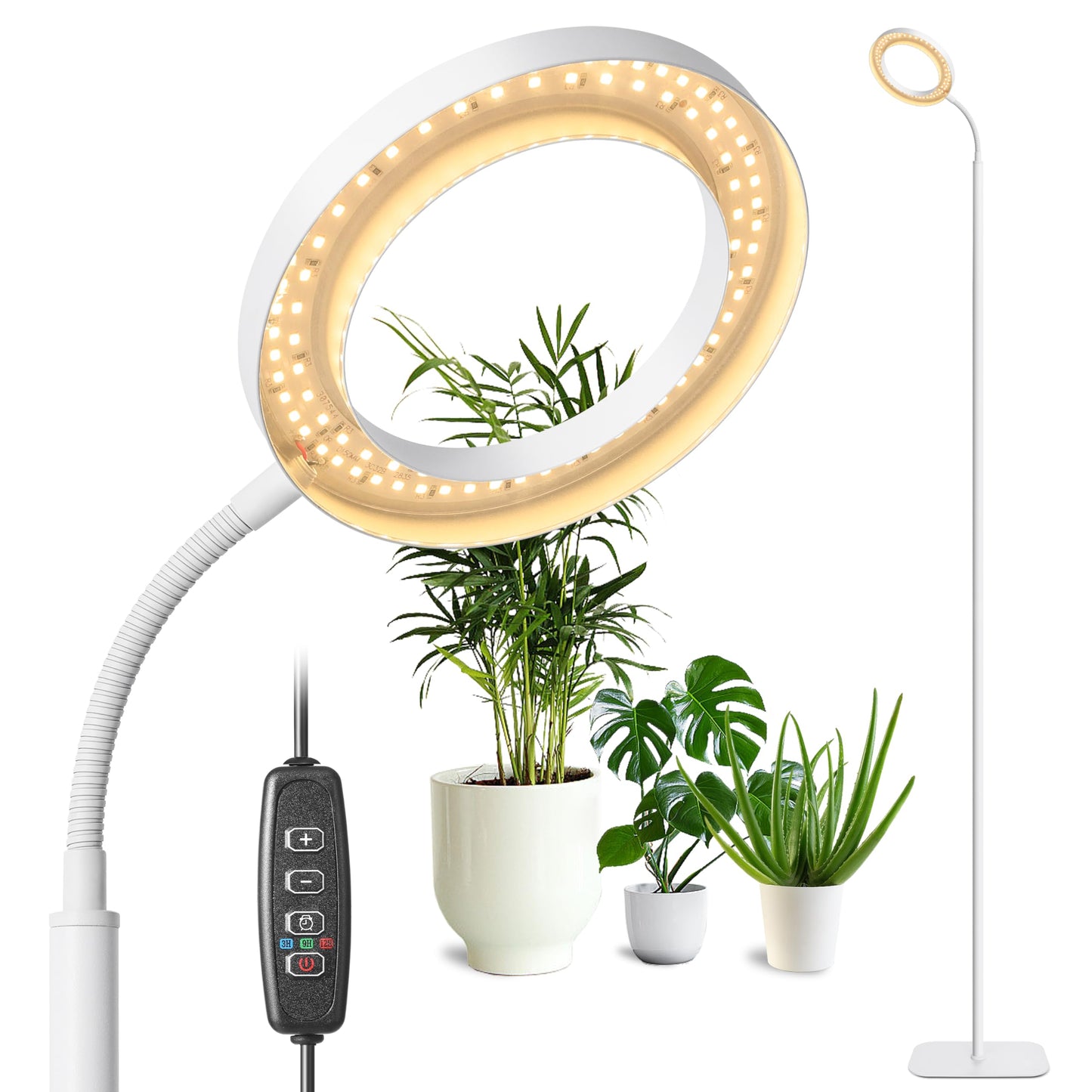 LED Full Spectrum Grow Lamps for Indoor Plants with 3/9/12H Timer, 10 Level Dimmable, Height Adjustable Standing Plant Light for Large Tall Small Plants - Matte White, Halo Ring Floor Grow Light