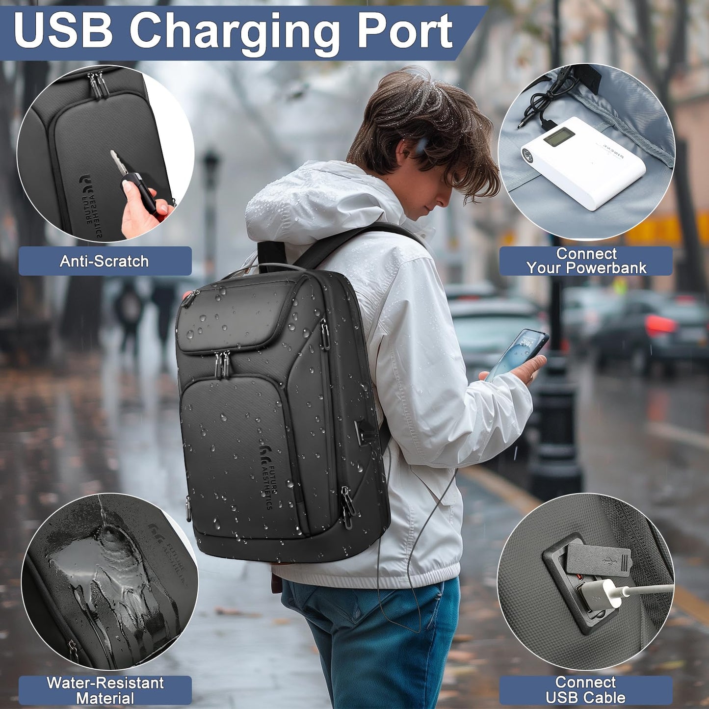 17.3 Inch Business Laptop Backpack for Men, Water-Resistant Anti-Theft Backpack with USB Charging Port, Large Durable Compact 30L Smart Computer Bag for Travel College Work-Black