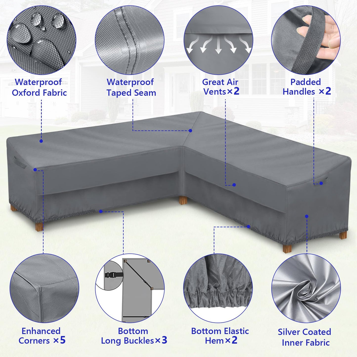 STARTWO Outdoor Sectional Sofa Cover Waterproof 85" Lx85 L V-Shaped Patio Furniture Covers for 5-Seater Sectional Couch,Windproof with Buckles,Grey