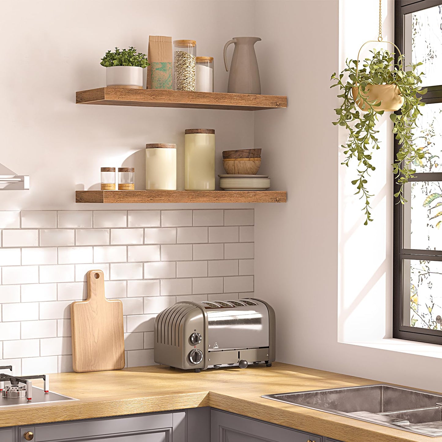 HOOBRO Floating Shelves, Rustic Brown Wall Shelf Set of 2, 60 cm Hanging Shelves with Invisible Brackets, for Bathroom, Bedroom, Toilet, Kitchen, Office, Living Room Decor BF60BJ01