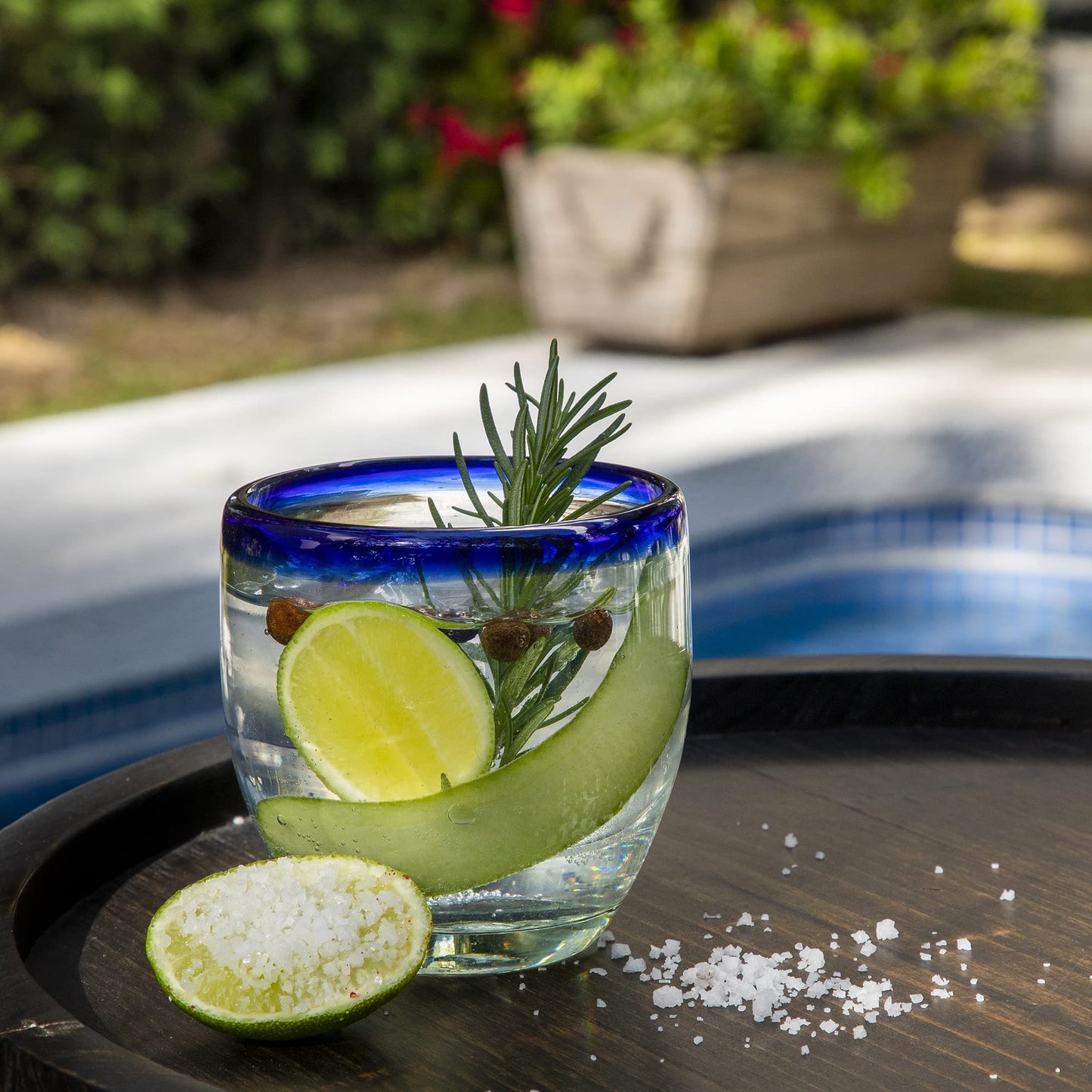 Handmade con Amor - 9 oz Hand Blown Mexican Drinking Glasses - Set of 6, 9 fl oz each, Cobalt-Blue Rim