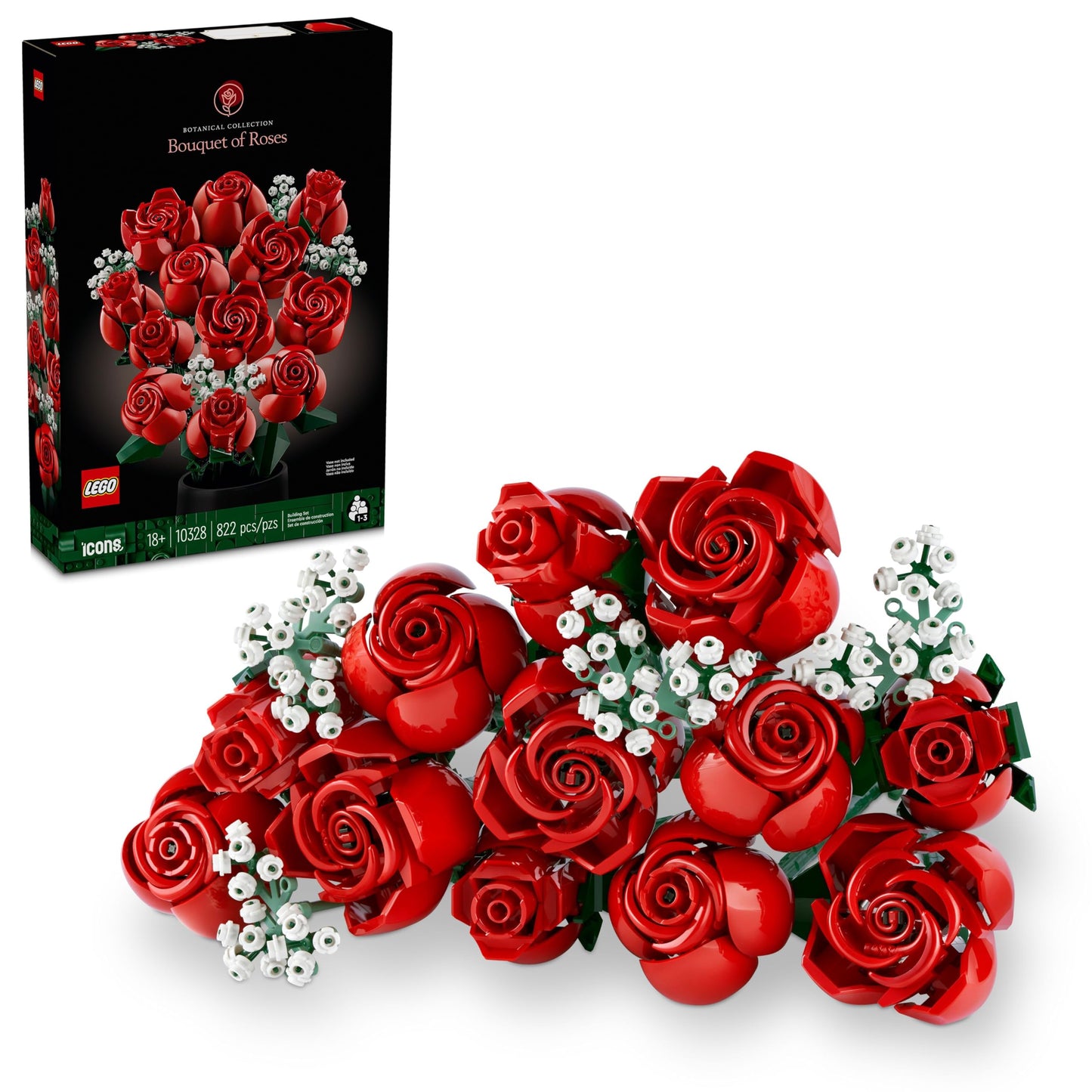 LEGO Botanicals Bouquet of Roses Artificial Flowers - Fake Red Roses Building Set for Adults, Ages 18+ - Gifts for Birthdays - Home Decor for Table Display - 10328
