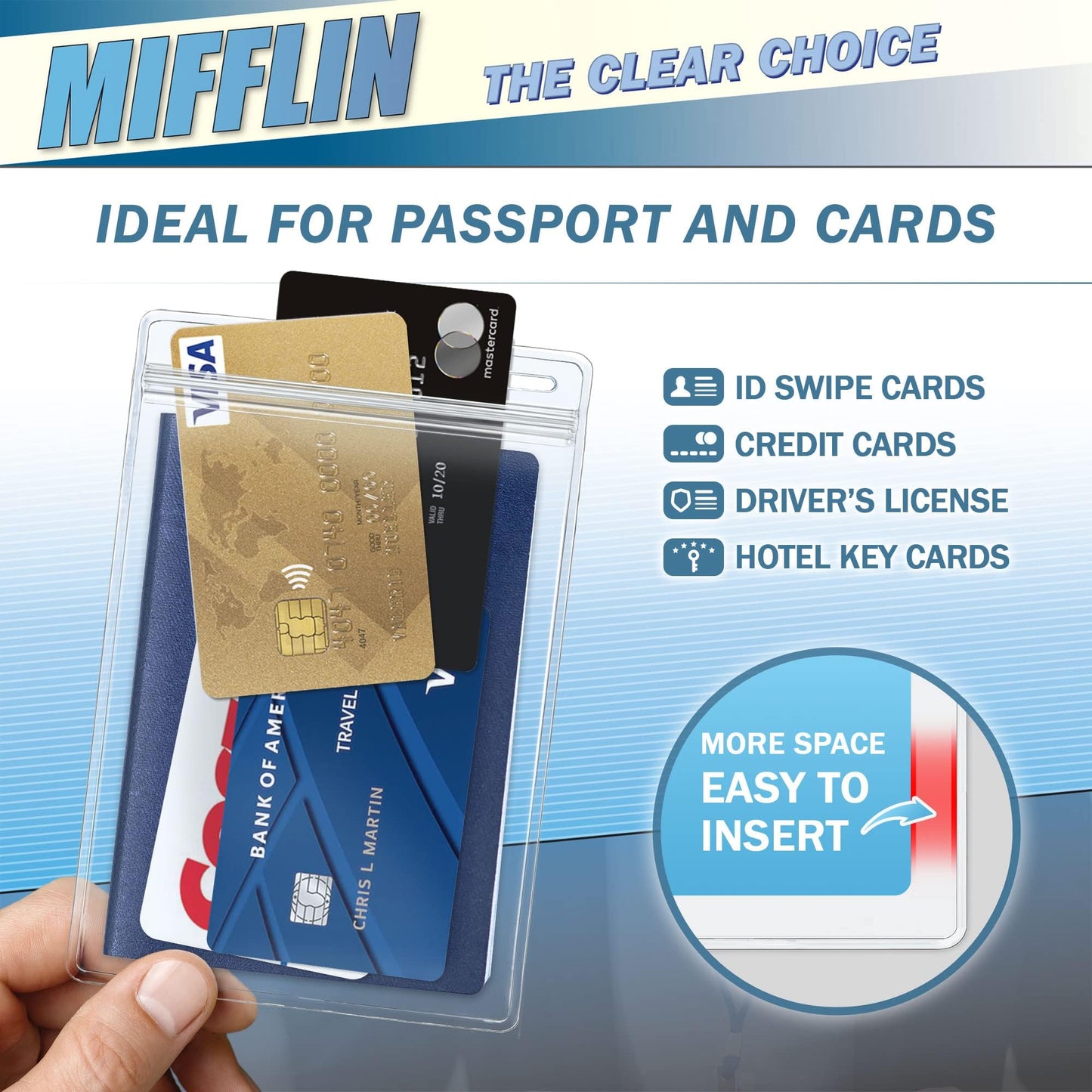 MIFFLIN Passport Holders (Clear, 100 Pack), Extra Large (XXL) ID Name Badge Holder, Waterproof Vertical Plastic Card Holders