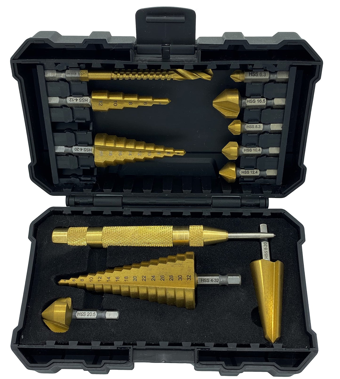 NordWolf 12-Piece HSS Titanium Metric Step, Countersink, Cone Drills with 1/4" Hex Shank, Multi Drill Saw & Automatic Center Punch Set in Storage Case
