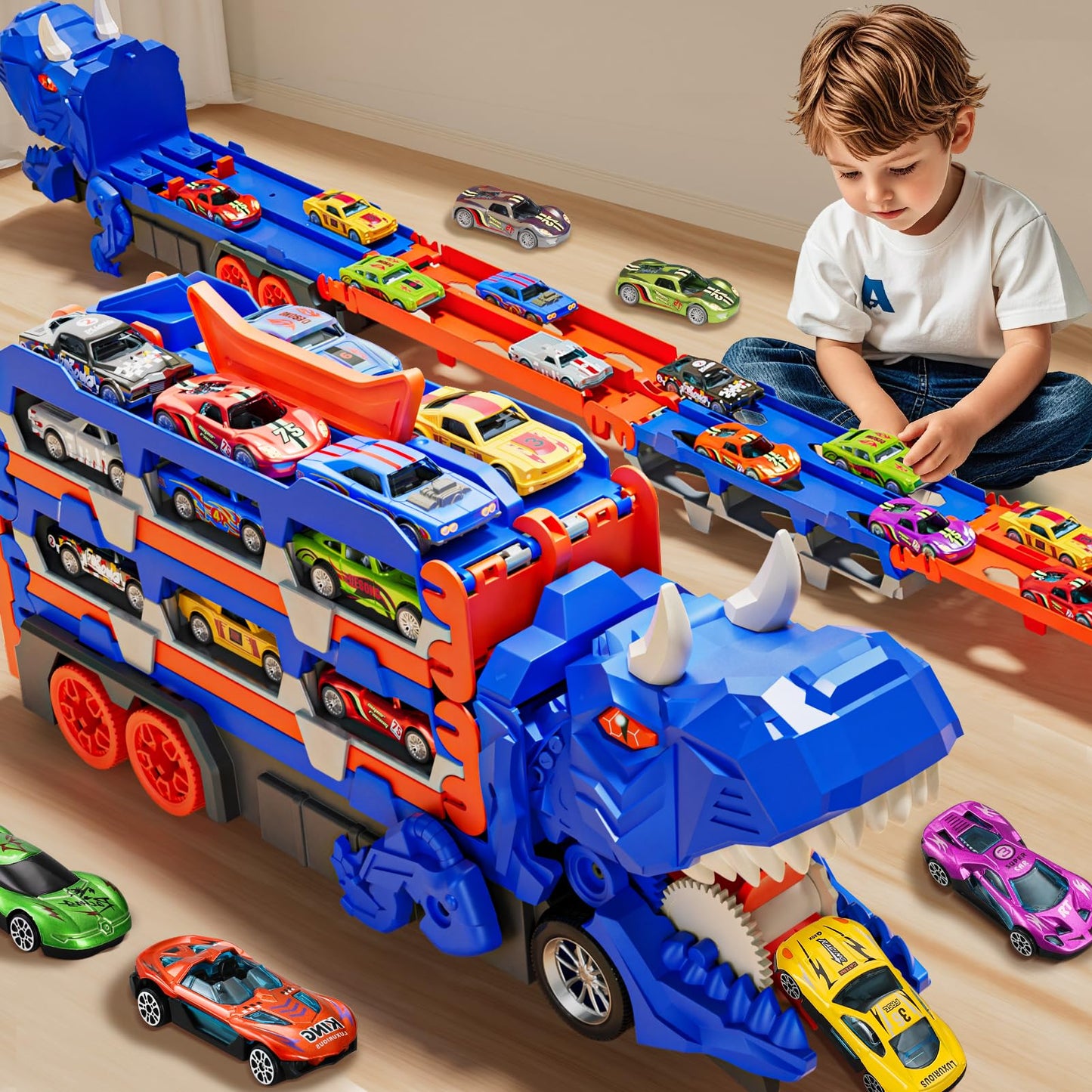 Car Toy Track Set Dinosaur Transport Truck with 12 Pcs Die-Cast Cars Toys, Transforms into Dino, Toddler Car Truck Toys Gifts for 3 4 5 Years Old Boys, Birthday Gifts for 3 4 5 6 Year Old Boys