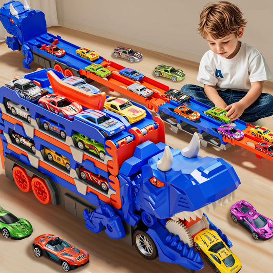 Car Toy Track Set Dinosaur Transport Truck with 12 Pcs Die-Cast Cars Toys, Transforms into Dino, Toddler Car Truck Toys Gifts for 3 4 5 Years Old Boys, Birthday Gifts for 3 4 5 6 Year Old Boys