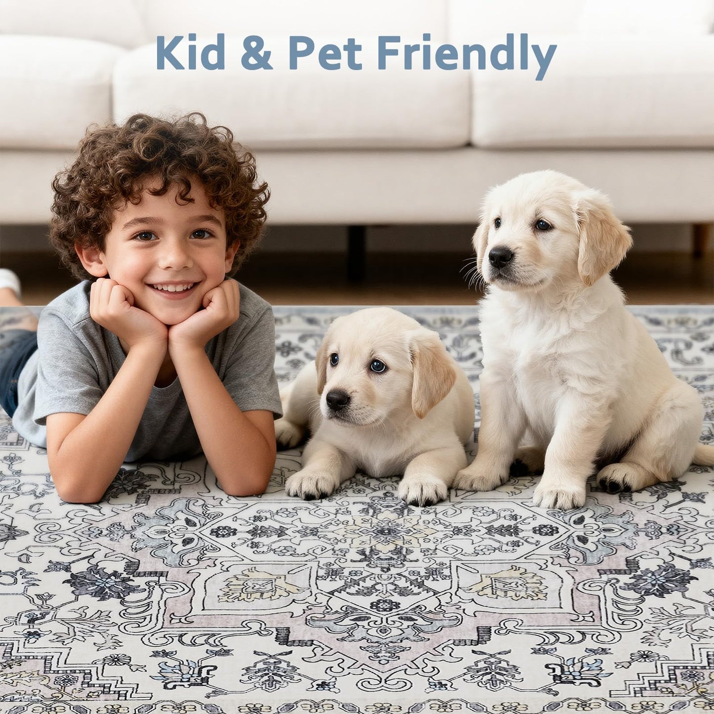 Washable 6X9 Area Rugs for Living Room, Soft Low Pile Vintage Rugs with Non Slip Rubber Backing, Boho Large Carpet for Bedroom Dining Room, Farmhouse, Nursery, Home Office.