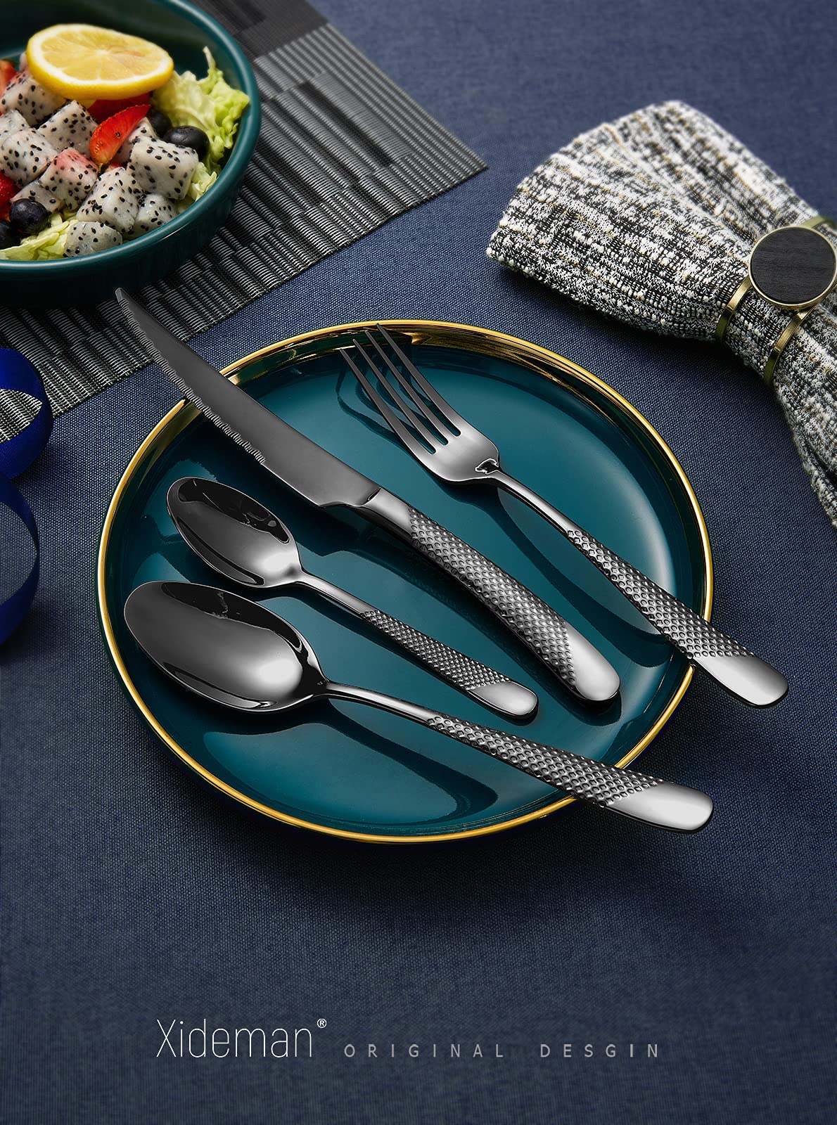 Xideman Modern Black Hammered Silverware Set with Ultra Sharp 2-in-1 Serrated Knive, 16-Piece Stainless Steel Flatware, Titanium Plated 18/10 Cutlery Set Service for 4, Dishwasher Safe