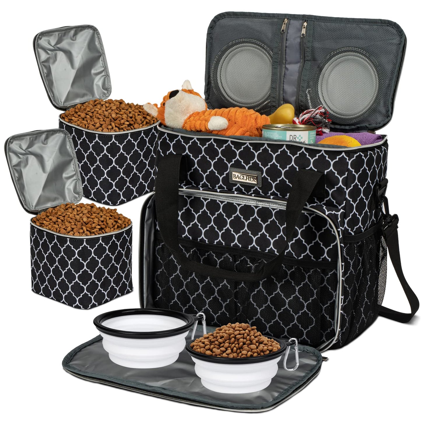 BAGLHER Dog Travel Bag, Pet Travel Bag（All Pet Travel Supplies）, with 2 Pet Food Containers and 3 Collapsible Silicone Bowls; Essential Kits for Pet Travel DLblack
