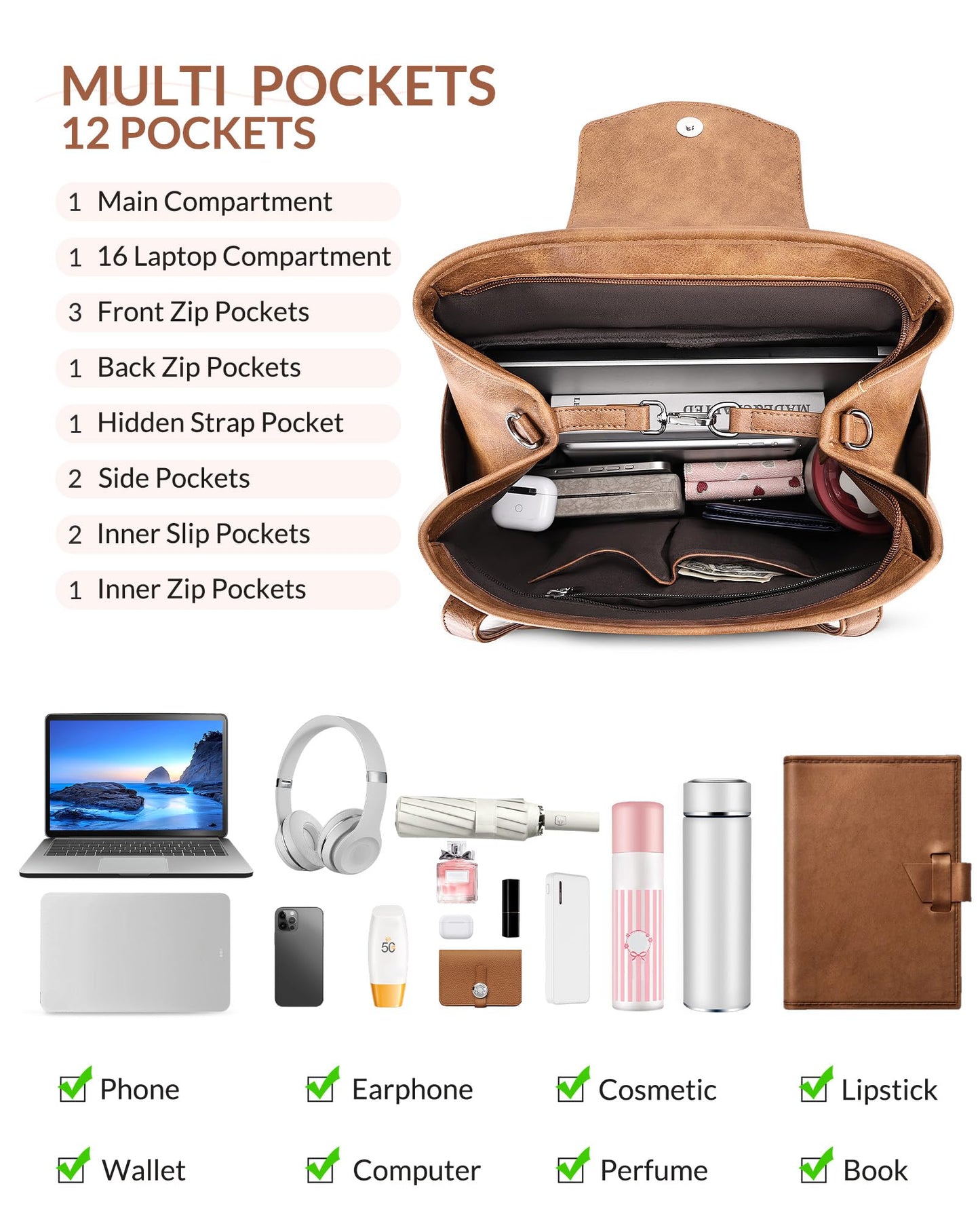 SYTRAH Laptop Bag for Women Designer Leather Laptop Backpack Purse, 16 inch Computer Tote Bags for Work Travel with Satchel Purse Brown