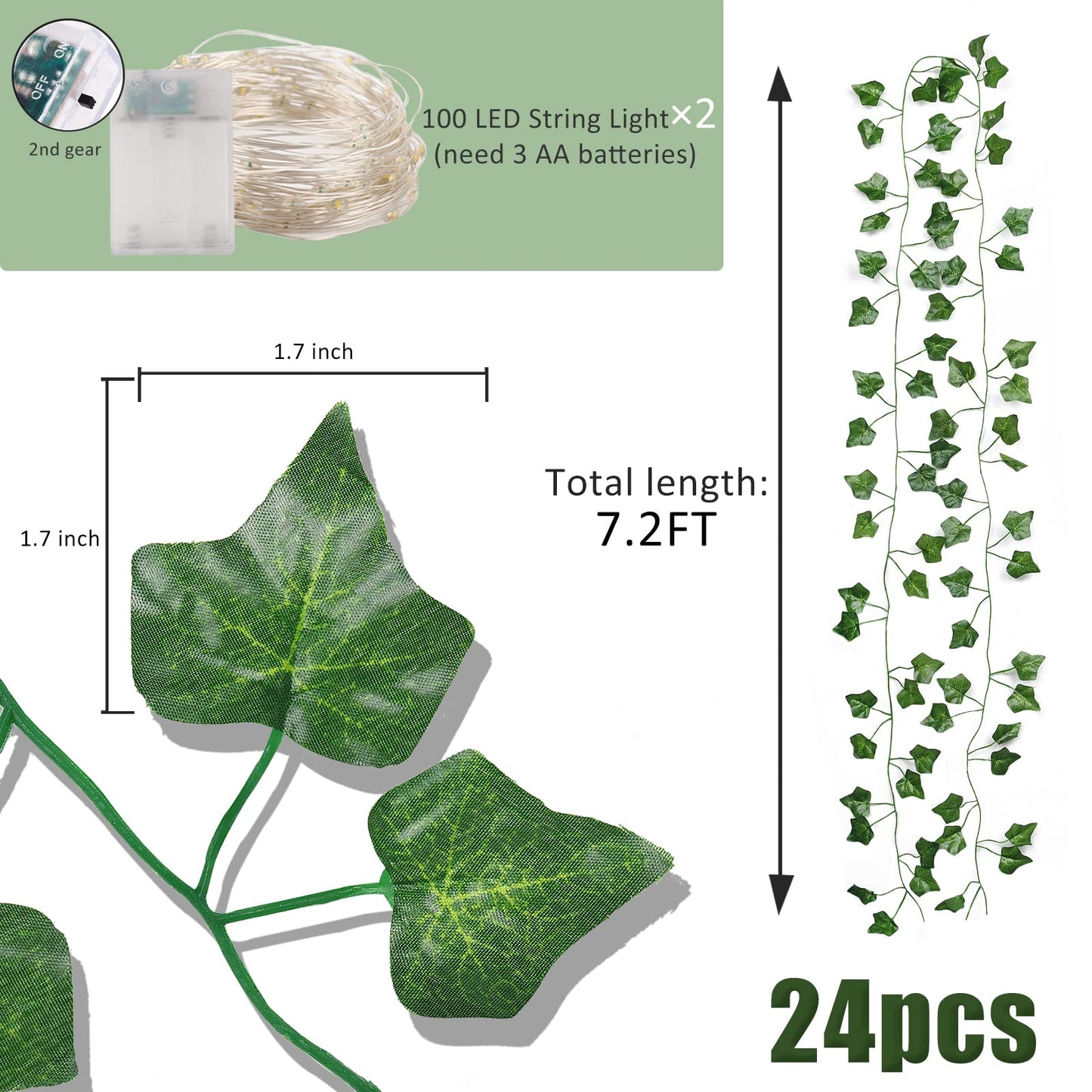 RECUTMS Ivy Fake Vines 24 Pack 173 FT Artificial Vine with 200 LED String Light Leaves Wall Decor Leaf Plants Greenery Garland Hanging Plant for Spring Aesthetic Room Garden Office Wedding Decorations
