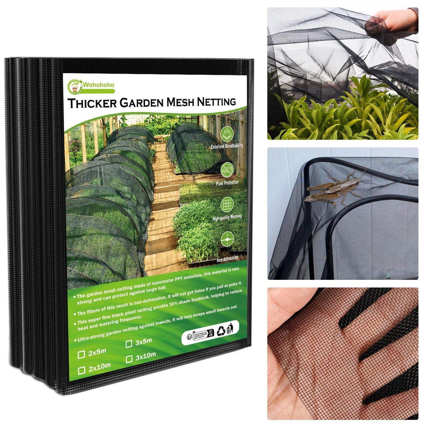 Wohohoho Stronger Garden Insect Mesh Netting, 10Ft x 33Ft Nano Black Bird Net Barrier. Mosquito Netting Screen for Patios Balcony Porch Cover, Garden Protection for Vegetables Plants, Shading Rate 33%
