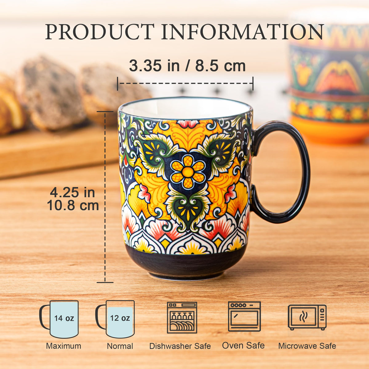 Henten Home Porcelain Coffee Mug Set of 6, 14 oz Colorful Latte Cup with Handle, Boho Ceramci Mug for Hot Chocolate, Milk, Tea, Cappuccino, Cocoa, Microwave & Dishwasher Safe