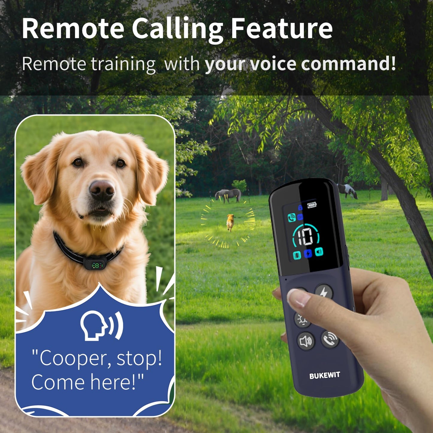 BUKEWIT Dog Shock Collar with Remote Calling for Large Medium Small Dogs, Rechargeable E-Collar, Dog Training Collar with 4 Adjustable Sensitivity Beep Vibration