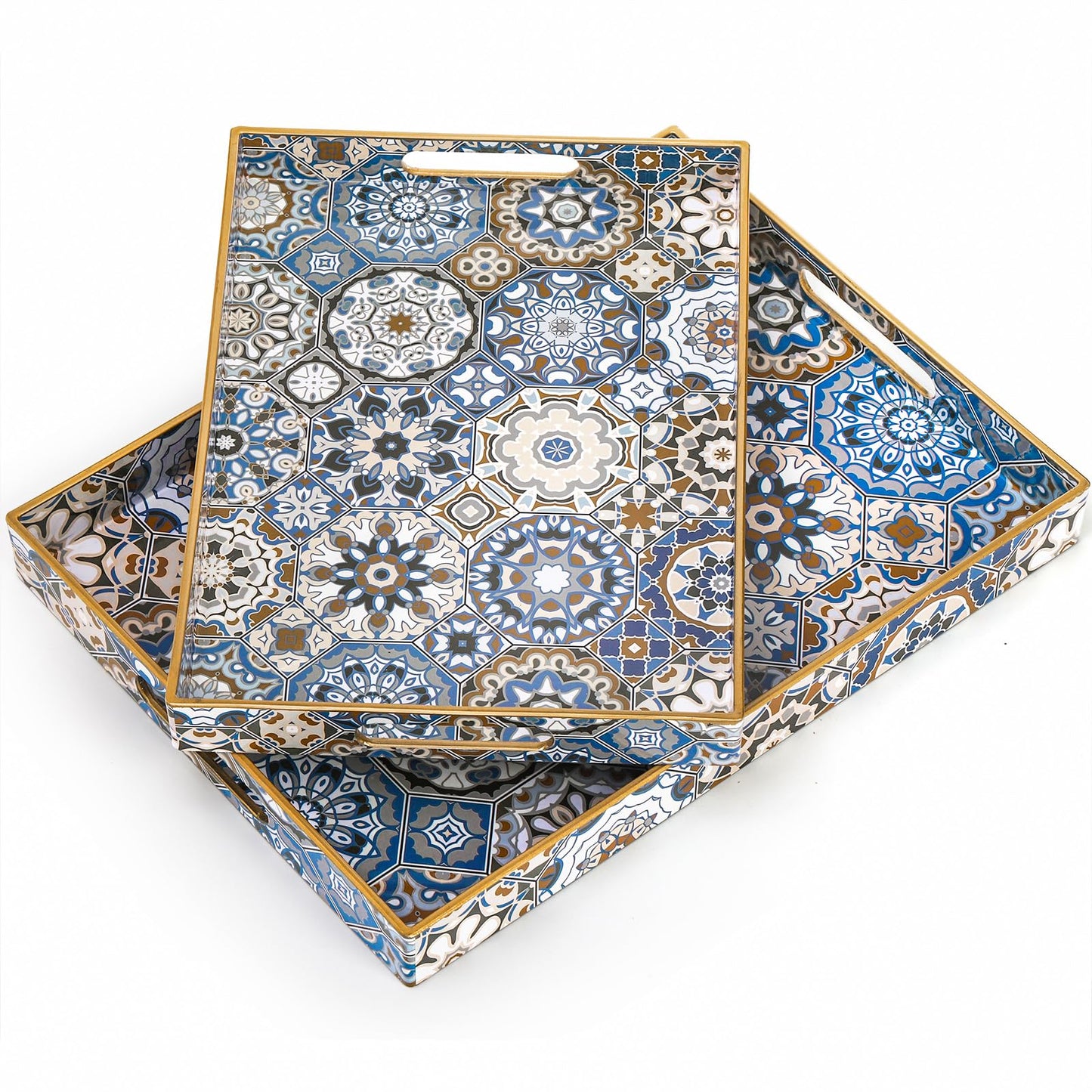 Hiceeden Set of 2 Decorative Serving Trays with Handles, Boho Tea Trays Ottoman Trays for Serving, Modern Plastic Coffee Table Tray for Living Room, Bathroom, Rectangle, Blue