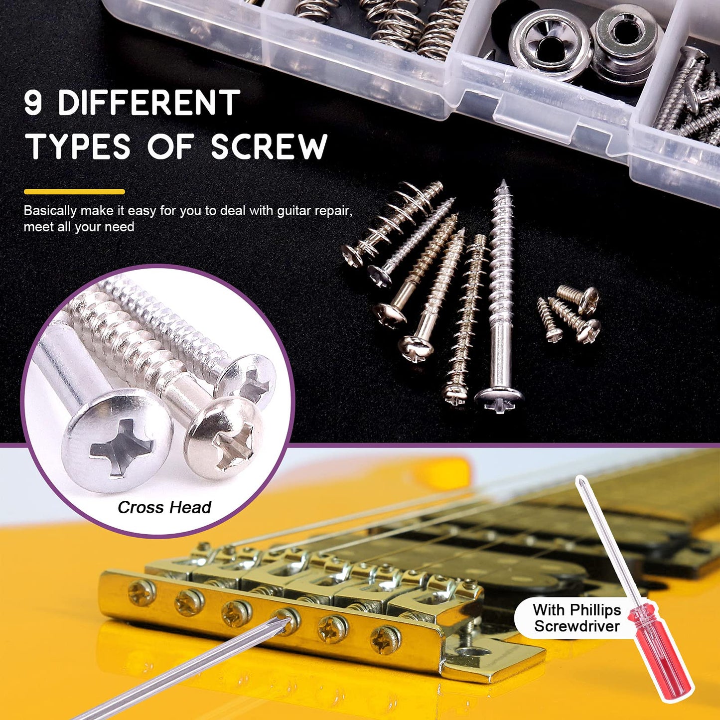 Swpeet 263Pcs Electric Guitar Screw Kit (9 Types) With Springs, String Winder, Screwdriver, Tweezers, 0.75mm Pick for Bridge