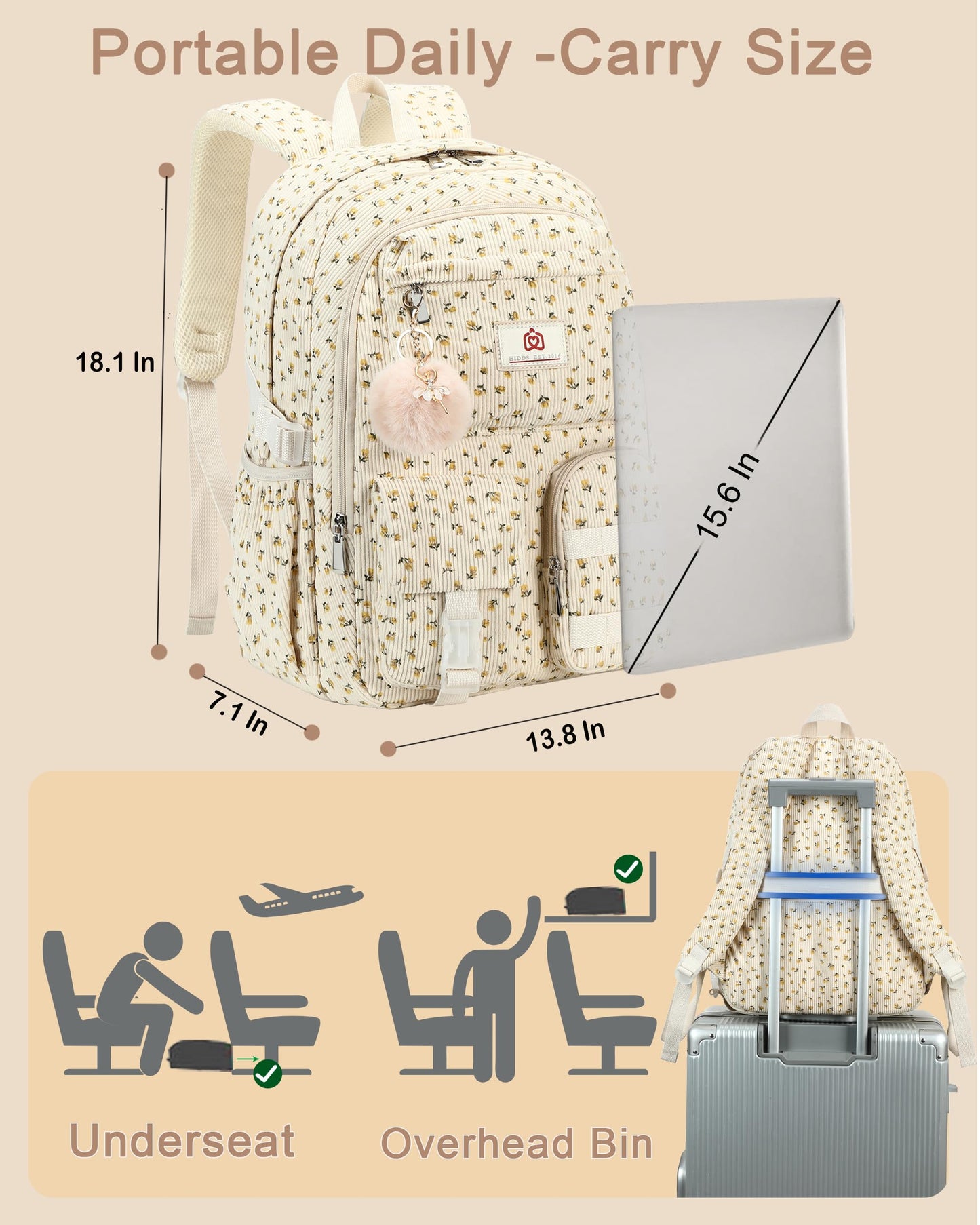 School Laptop Backpack for Teens Girls Women College Backpacks Corduroy Bag Students Bookbag Anti Theft Travel Daypack (Beige Floral)