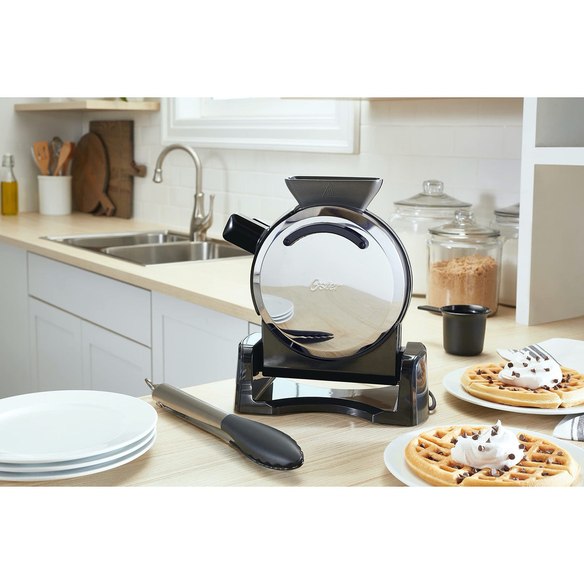 Oster DiamondForce Nonstick Vertical Waffle Maker with Scoop, Stainless Steel