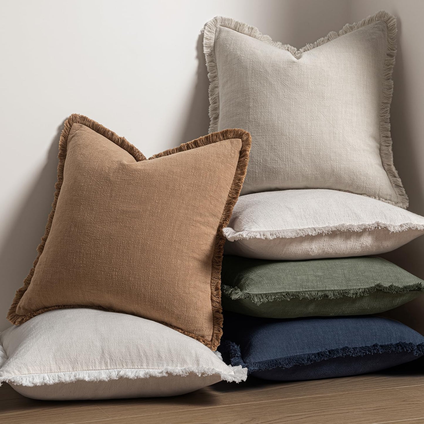 MIULEE Set of 2 Linen Throw Pillow Covers Decorative Boho Square with Tassels Farmhouse Cushion Covers Natural Beige Accent Pillowcase with Fringe for Couch Sofa Bed Living Room Spring 20x20 Inch