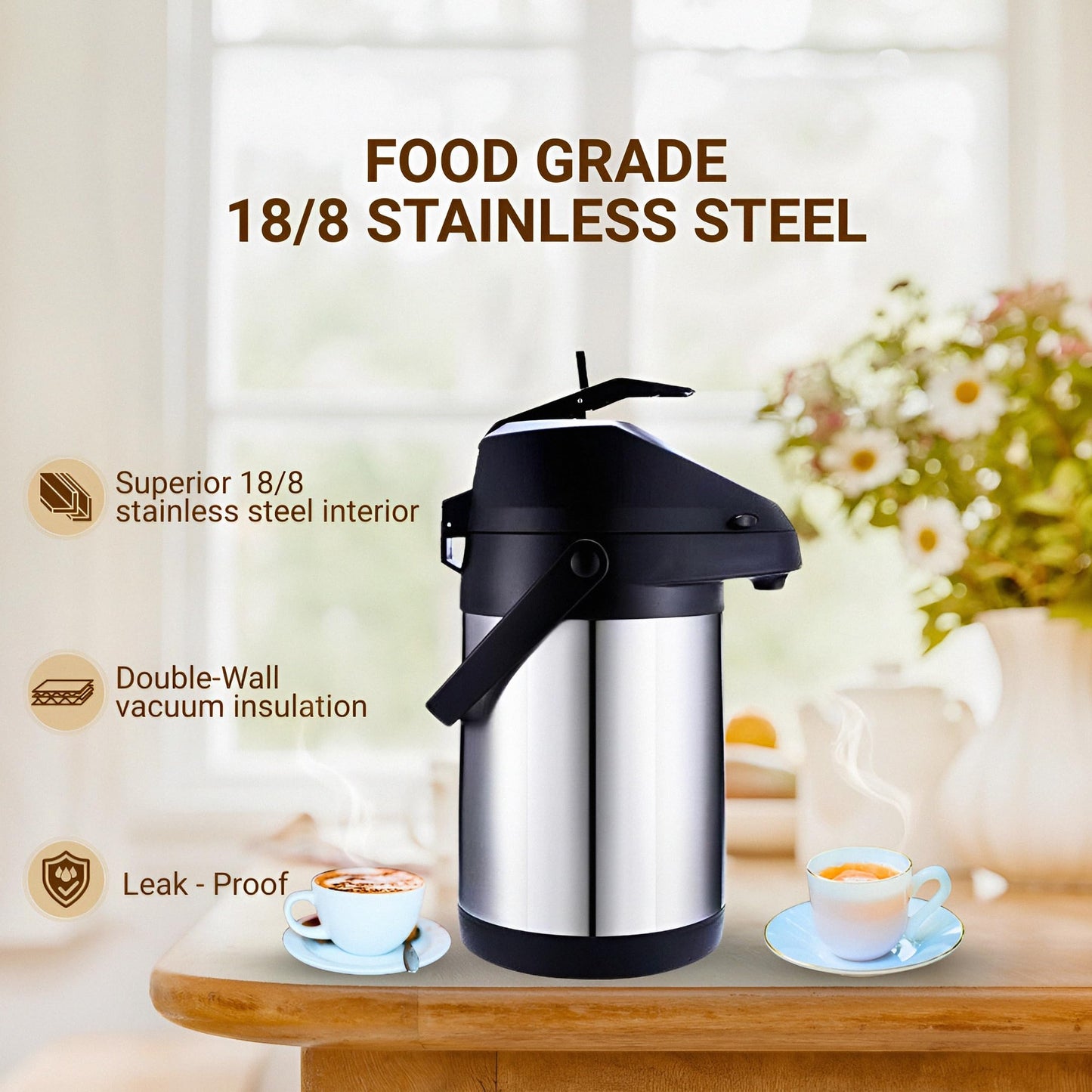Insulated Thermal Coffee Carafe, 102oz (3L), Stainless Steel, Airpot Coffee Dispenser with Pump for Hot/Cold Drinks
