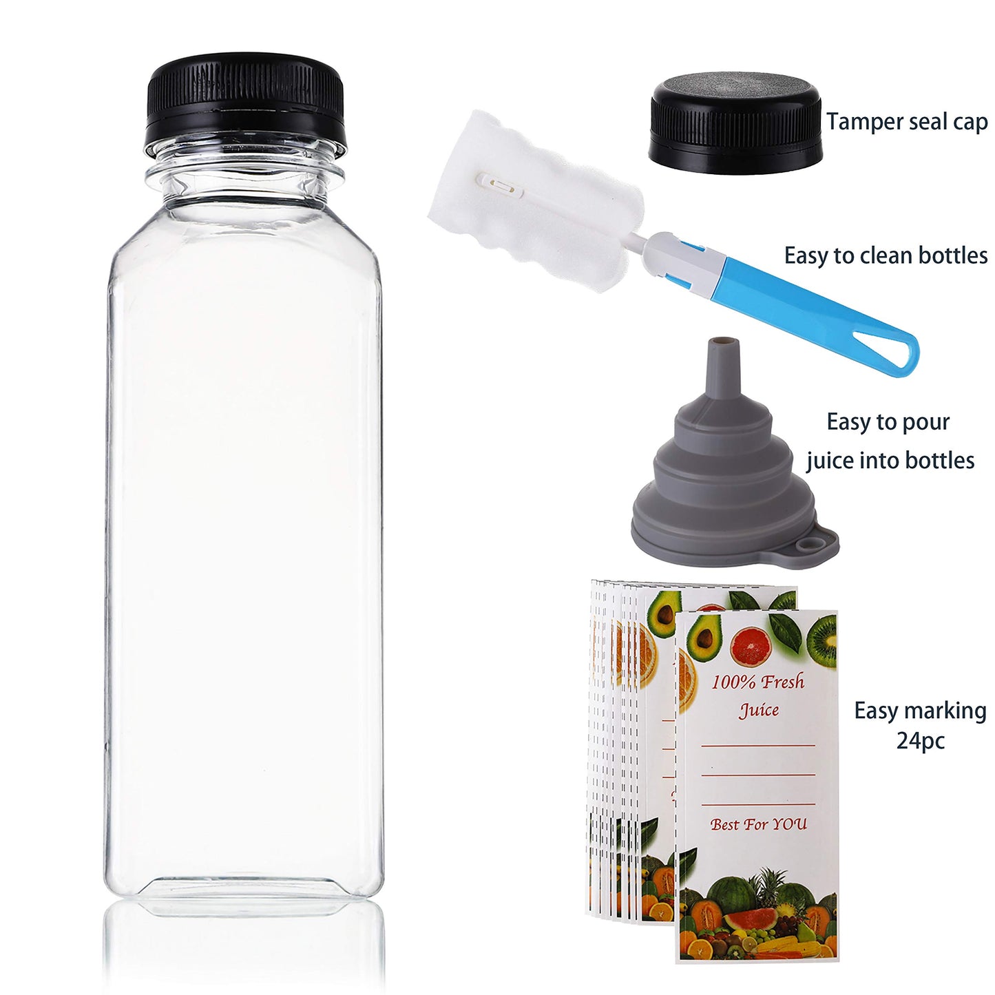 Cedilis 20 Pack 12oz Plastic Juice Bottles with Black Cap, Clear Reusable Containers with Lids, Great Disposable Bottles for Making Juice, Milk, Salad Dressing, Smoothie and Other Beverages