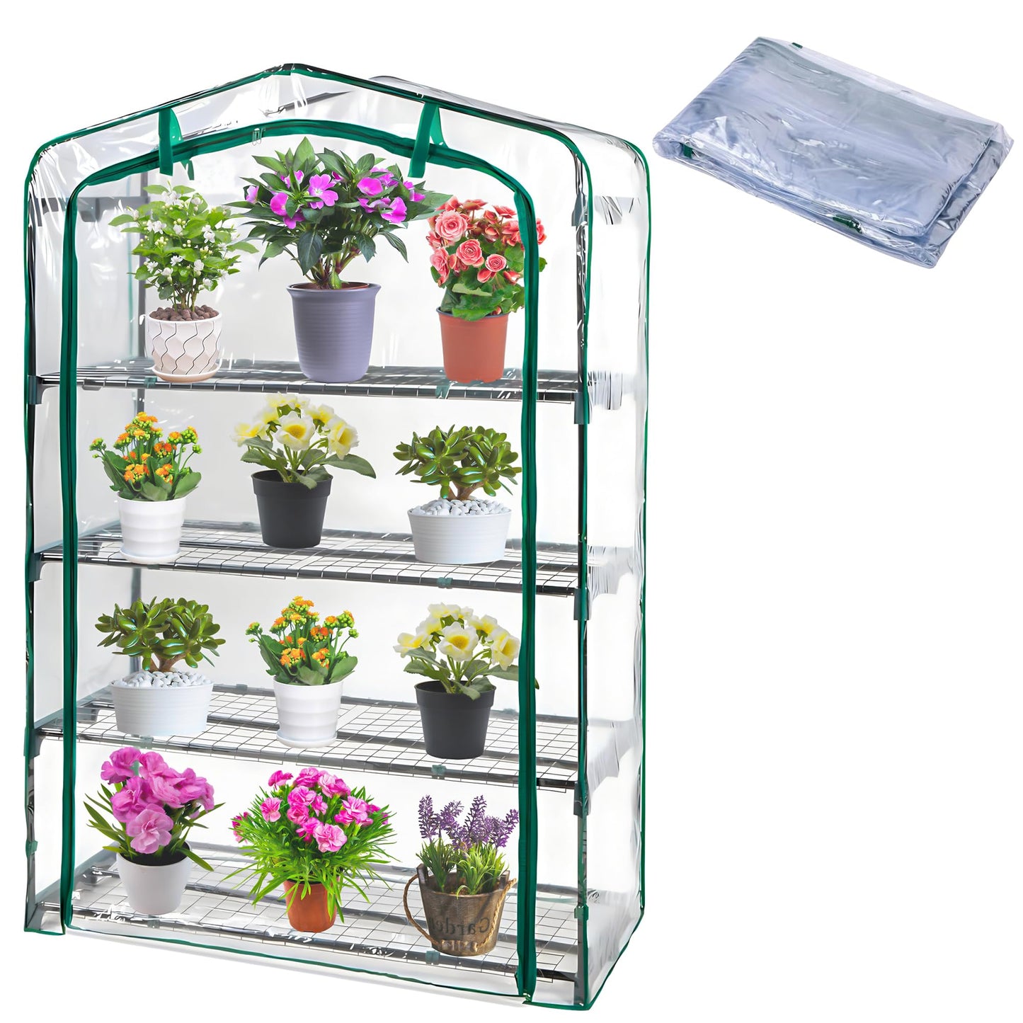 DECOHS Extra Wide 4 Tier Greenhouse Replacement Cover- 63 x 40 x 19 Inch Clear PVC Plant Gardening Greenhouse Cover with Roll-Up Zipper Door for Gardening Plants Flowers (Frame Not Include)