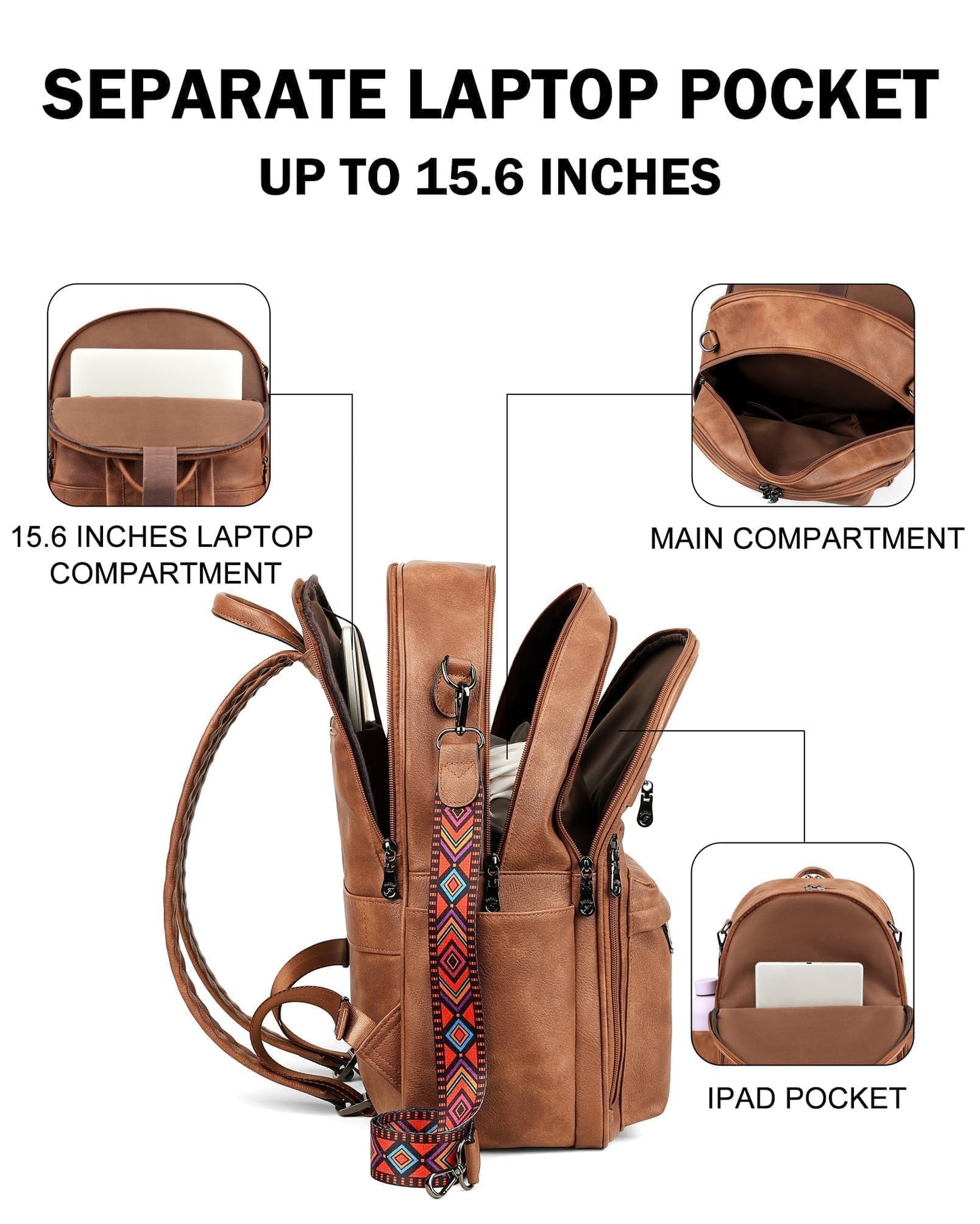 FADEON Laptop Backpack Purse for Women PU Leather 15.6 Computer Bag Desingner Travel Back Pack with Laptop Compartment, 1 Brown Retro Style, 12.6 x 6 x 17.1 inches, Leather Laptop Backpack Purse for
