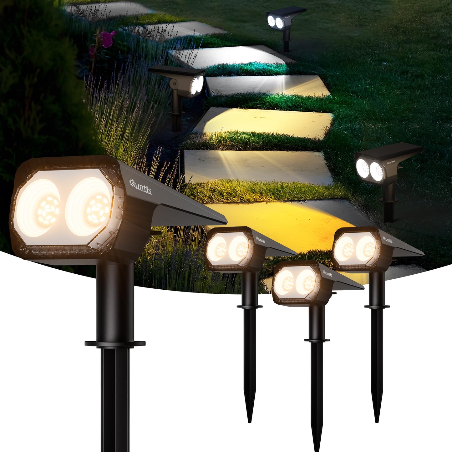 Quntis 4-Pack Solar Spot Lights, 3 Colors (Warm White/Cool/Natural), USB & Soloar Powered Landscape Spotlights, IP65 Waterproof Solar Garden Lights, Wall/Ground Solar Light Outdoor for Yard Patio Path