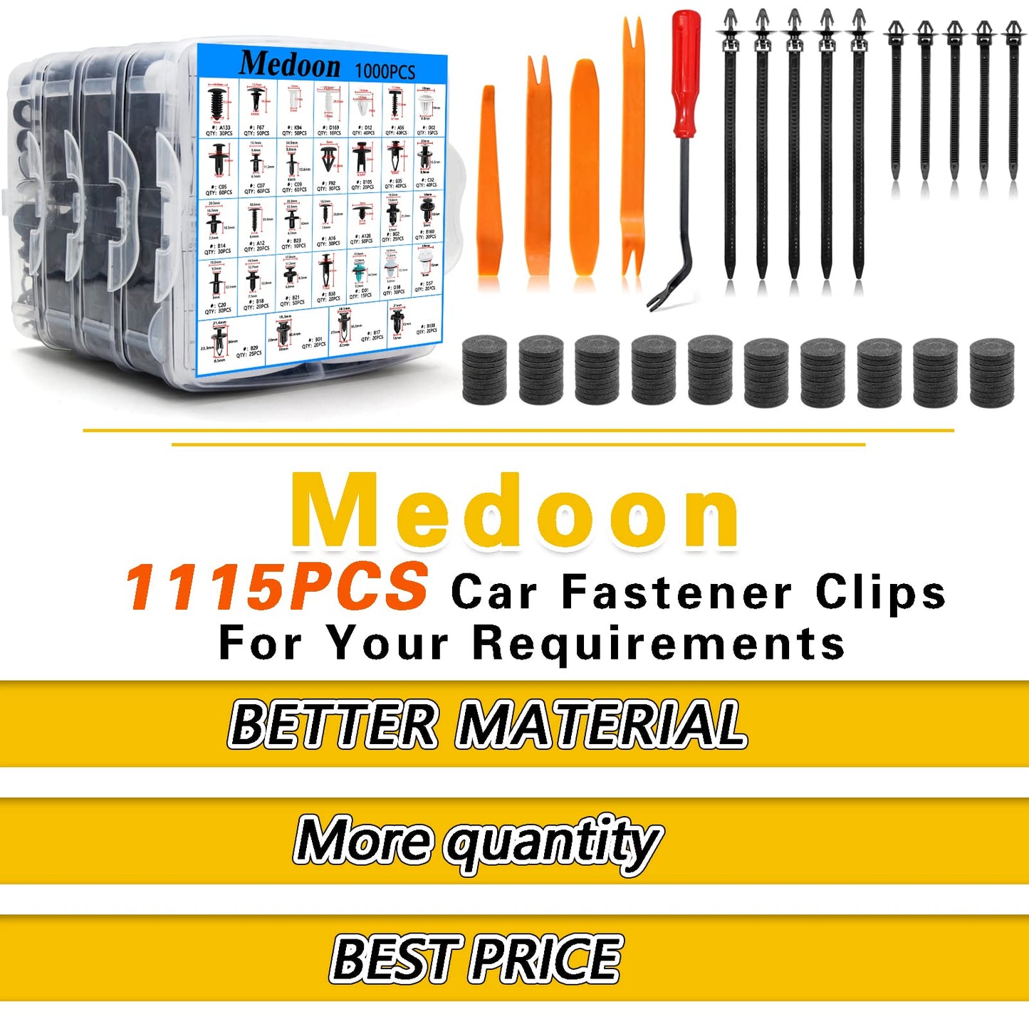 Medoon Car Retainer Clips 1115PCS 32 Most Popular Sizes Fasteners Automotive Plastic Clips with 10 Cable Ties 1 Clip Remover for Ford GM Toyota Honda Chrysler BMW Benz Nissan Subaru Audi Mazda