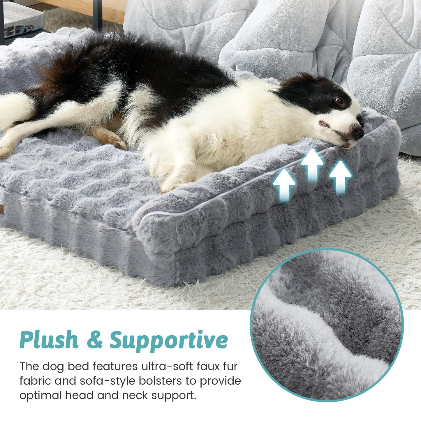 COZY KISS Faux Fur Orthopedic Dog Bed, Large Dog Bed, Pet Sofa with Removable Leak-Proof Cover, Washable U-Shaped Pet Couch with Anti-Slip Bottom, Grey XL 42x30x7 inch