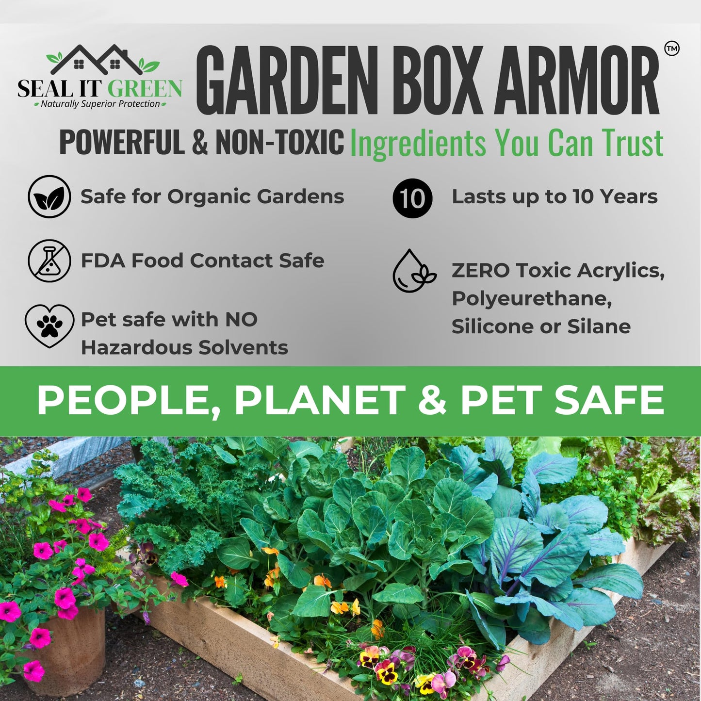 Garden Box Sealer | FDA Food Contact Safe Plant-Based Wood Sealant for Raised Beds, Planters & Pet Houses. Protects All Wood Types from Water & Weather Damage | Eco-Friendly Sustainable Solution