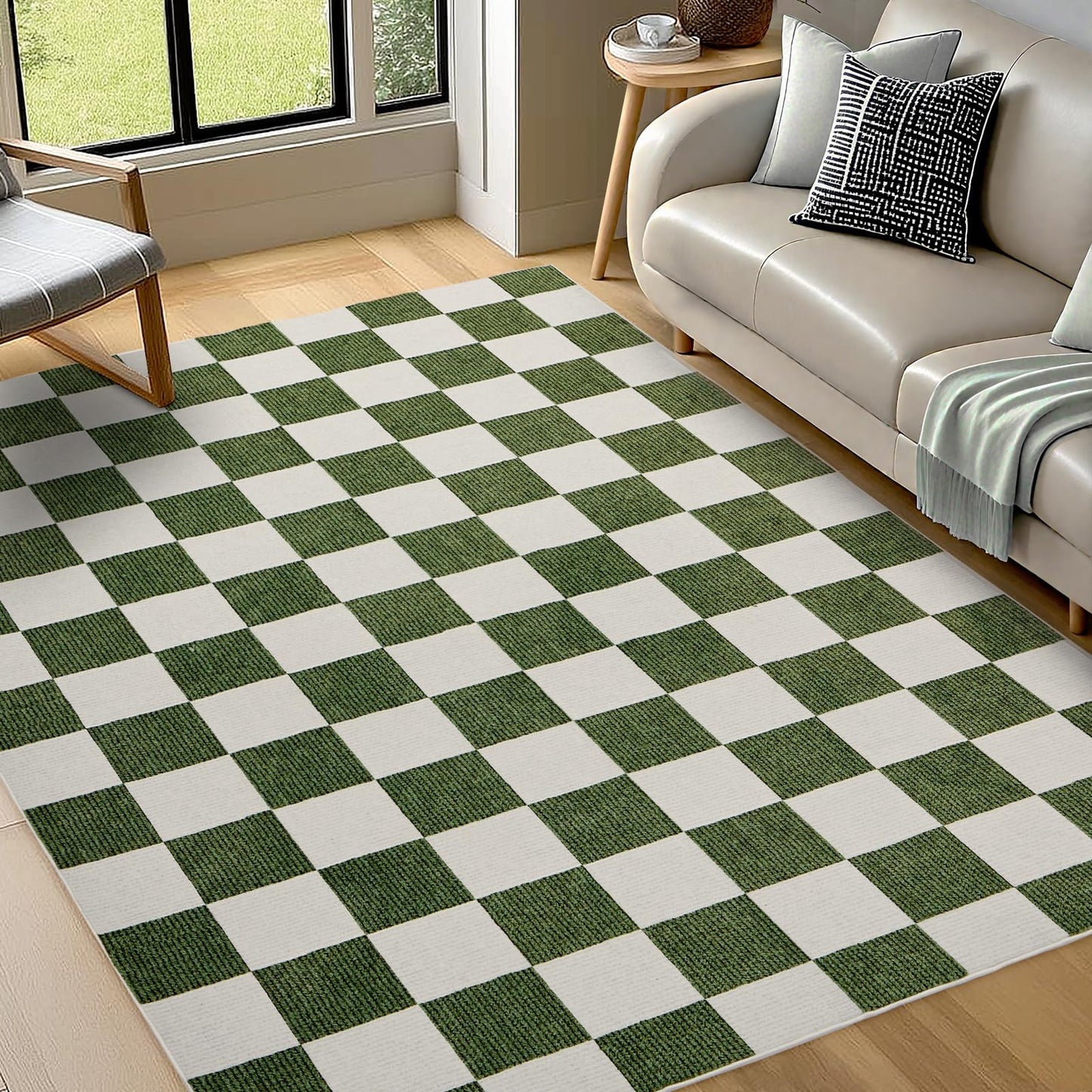 Area Rugs 5x7 for Living Room, Washable Low-Pile Checkered Boho Large Rug for Bedrooms, Non-Slip Soft Flat Print Plaid Carpet for Classroom, ‎Dining Room, Office, Kids Playroom(Green and White)