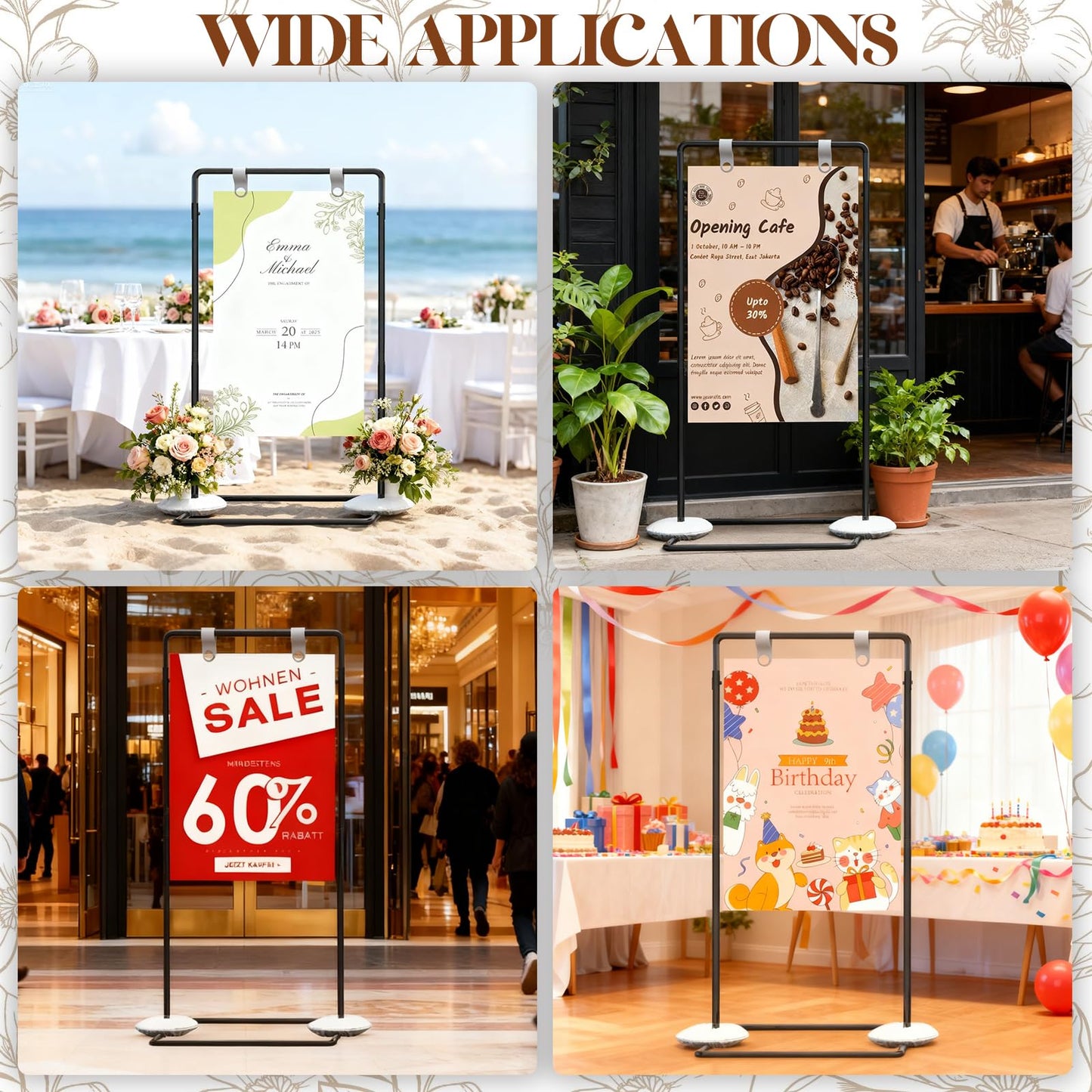 Wedding Welcome Sign Stand, Adjustable Welcome To Our Wedding Sign Stand, 70”x 31”x 20”Welcome Sign Holder with 4 Leather Sign Hanging Straps, Wedding Seating Chart Stand, Easel for Display, Black
