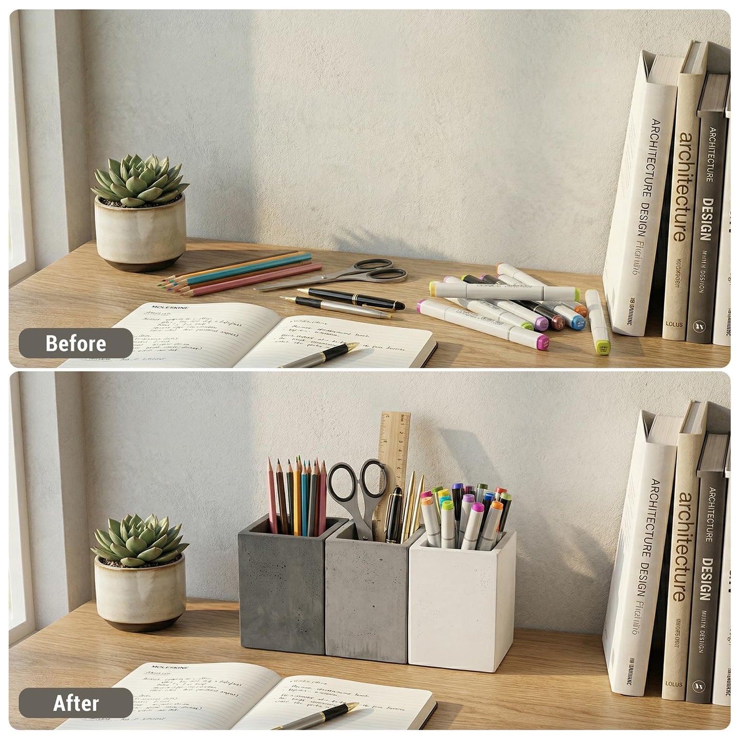 MyGift Modern Mixed Color Gray Concrete Pen and Pencil Cups, Office Stationary Organizers, Set of 3