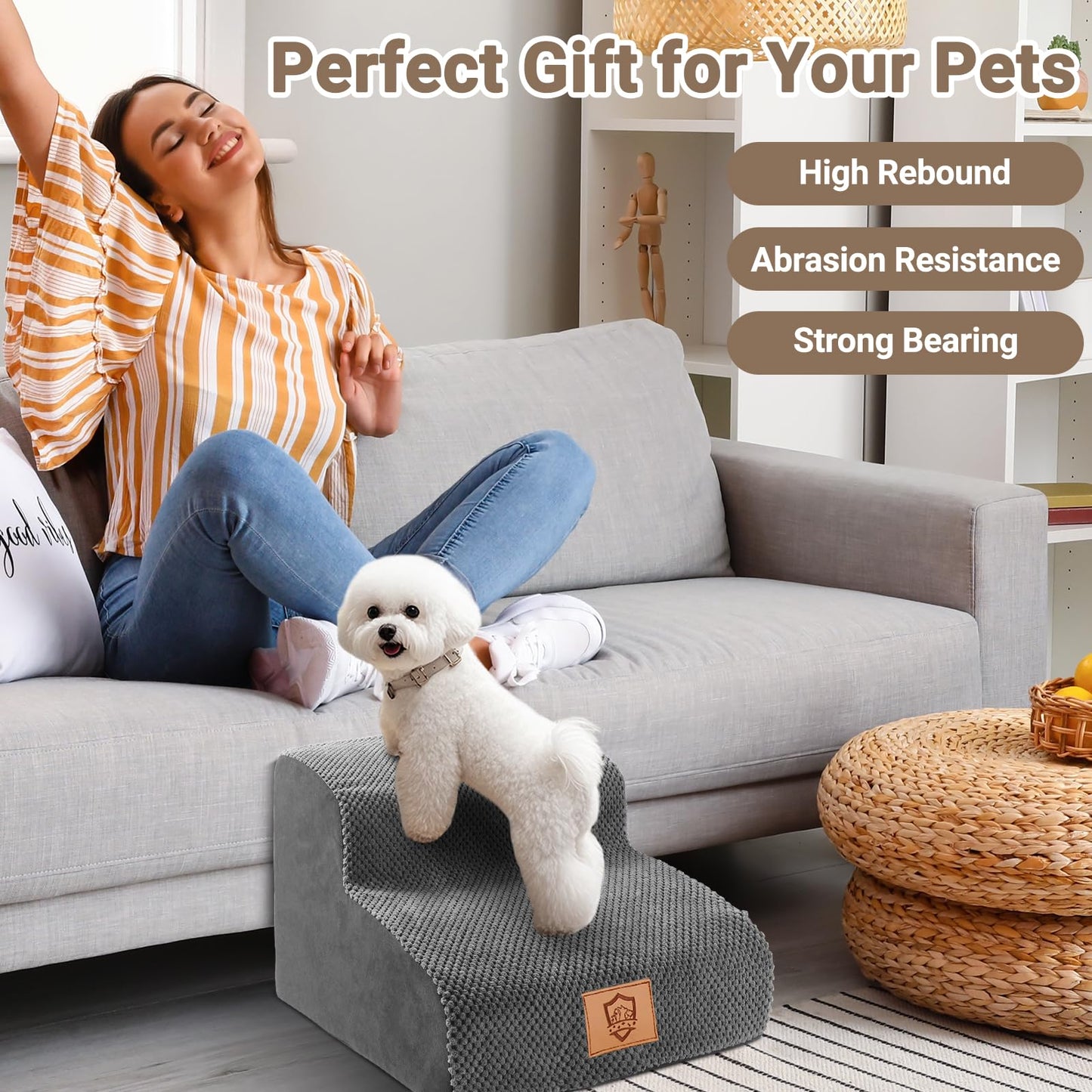 Almcmy 2-Step Dog Stairs for High Bed, Foam Pet Stairs with Removable Washable Cover, Non-Slip Dog Steps Ramp for Small & Older Dogs, Holds Up to 50 lbs, Grey