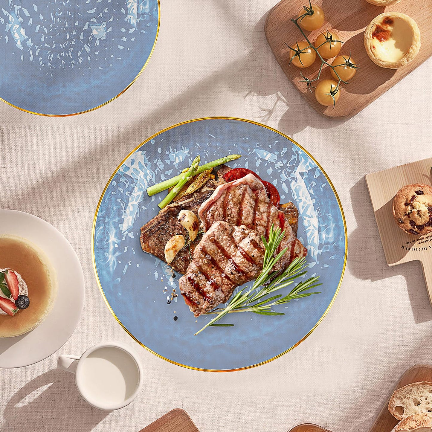 100 Pcs Clear Blue Plastic Plates, Fancy Disposable Plates with Gold Rim Include 10 inch, 7 inch Dinner Dessert Plate for Party Wedding